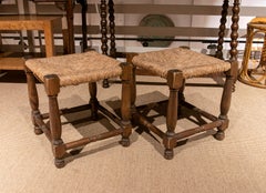 Pair of 1970s Spanish Wooden Stools w/ Woven Bulrush Seats