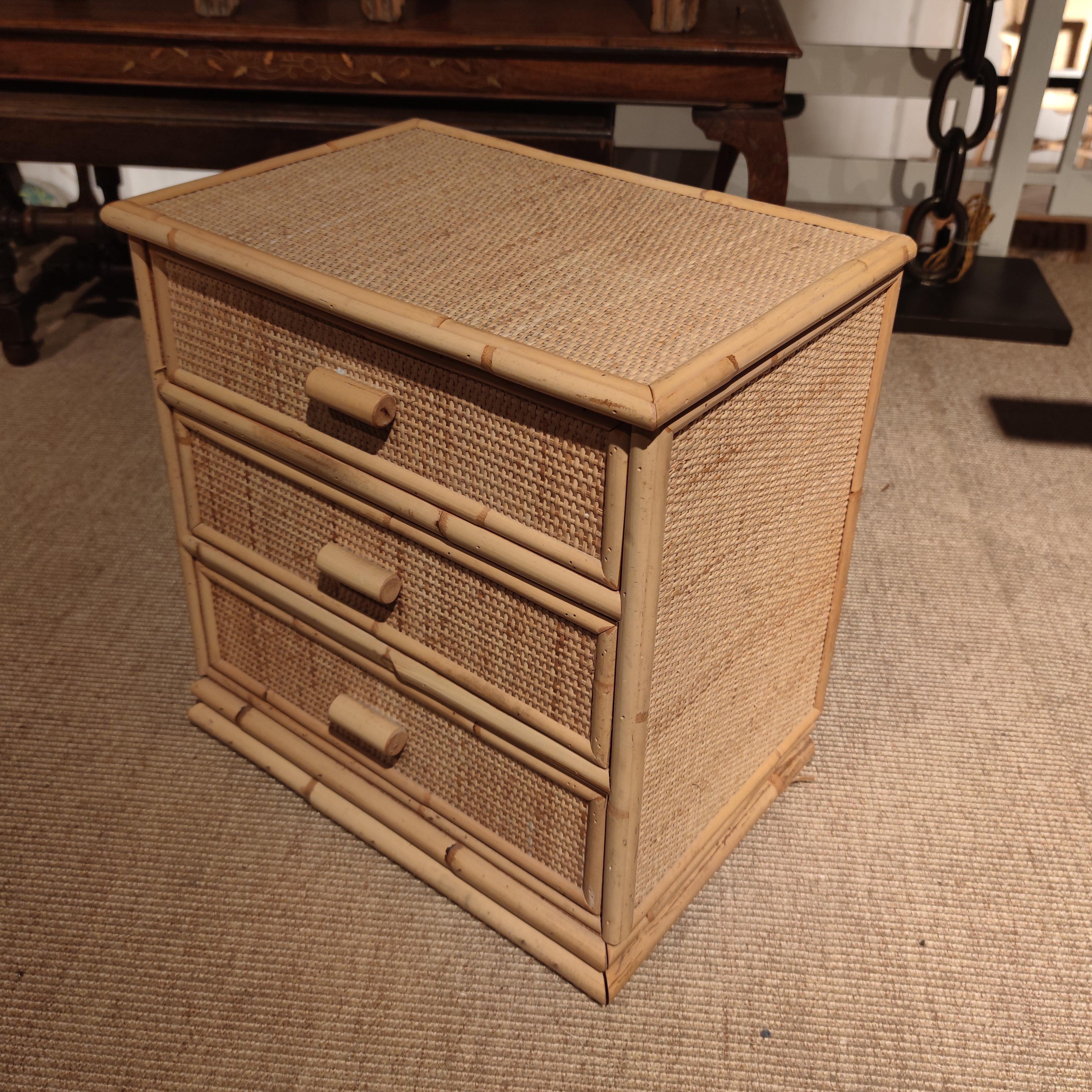 Pair of 1970s Spanish Woven Wicker & Bamboo 3-Drawer Bedside Tables 4