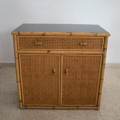 Pair of 1970s Spanish Woven Wicker, Bamboo & Formica 1-Drawer 2-Door Chests