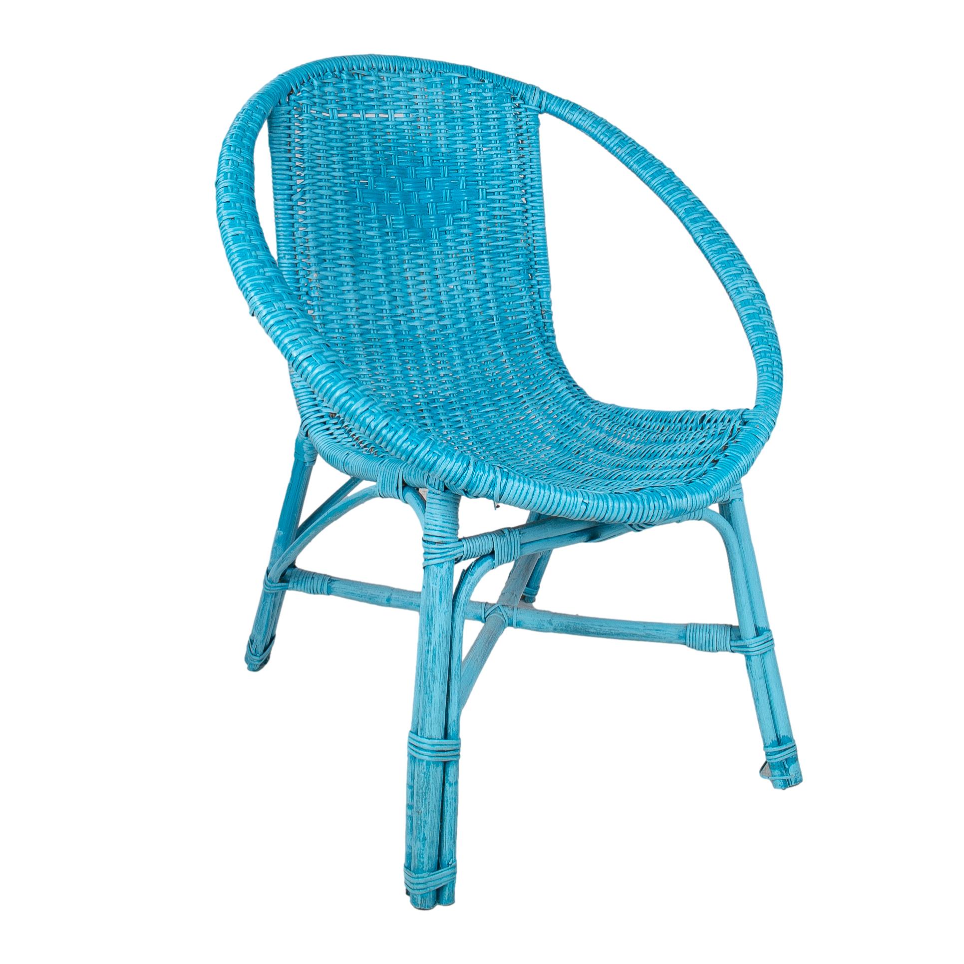 Vintage pair of 1970s Spanish woven wicker blue chairs.