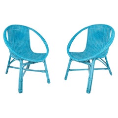 Pair of 1970s Spanish Woven Wicker Blue Chairs