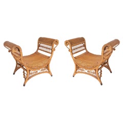 Vintage Pair of 1970s Spanish Woven Wicker Foot Stools