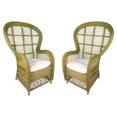 Pair of 1970s Spanish Woven Wicker Green Peacock Armchairs