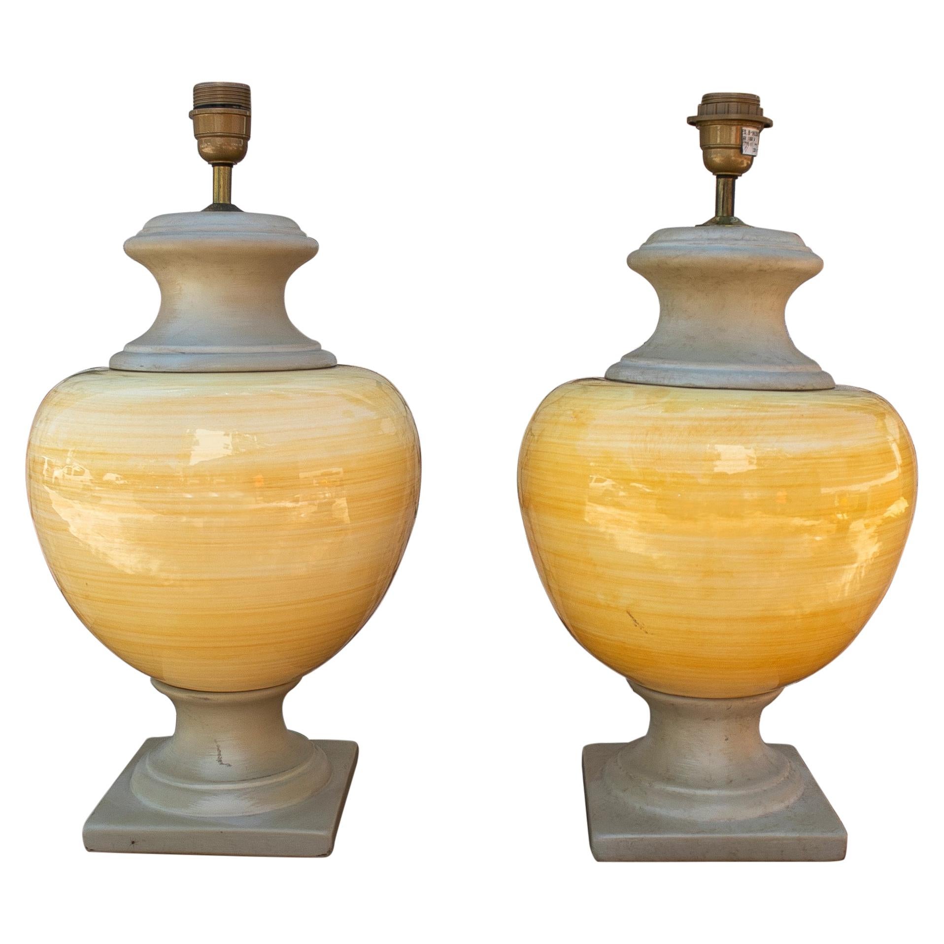 Pair of 1970s Spanish Yellow and Grey Terracotta Table Lamps For Sale