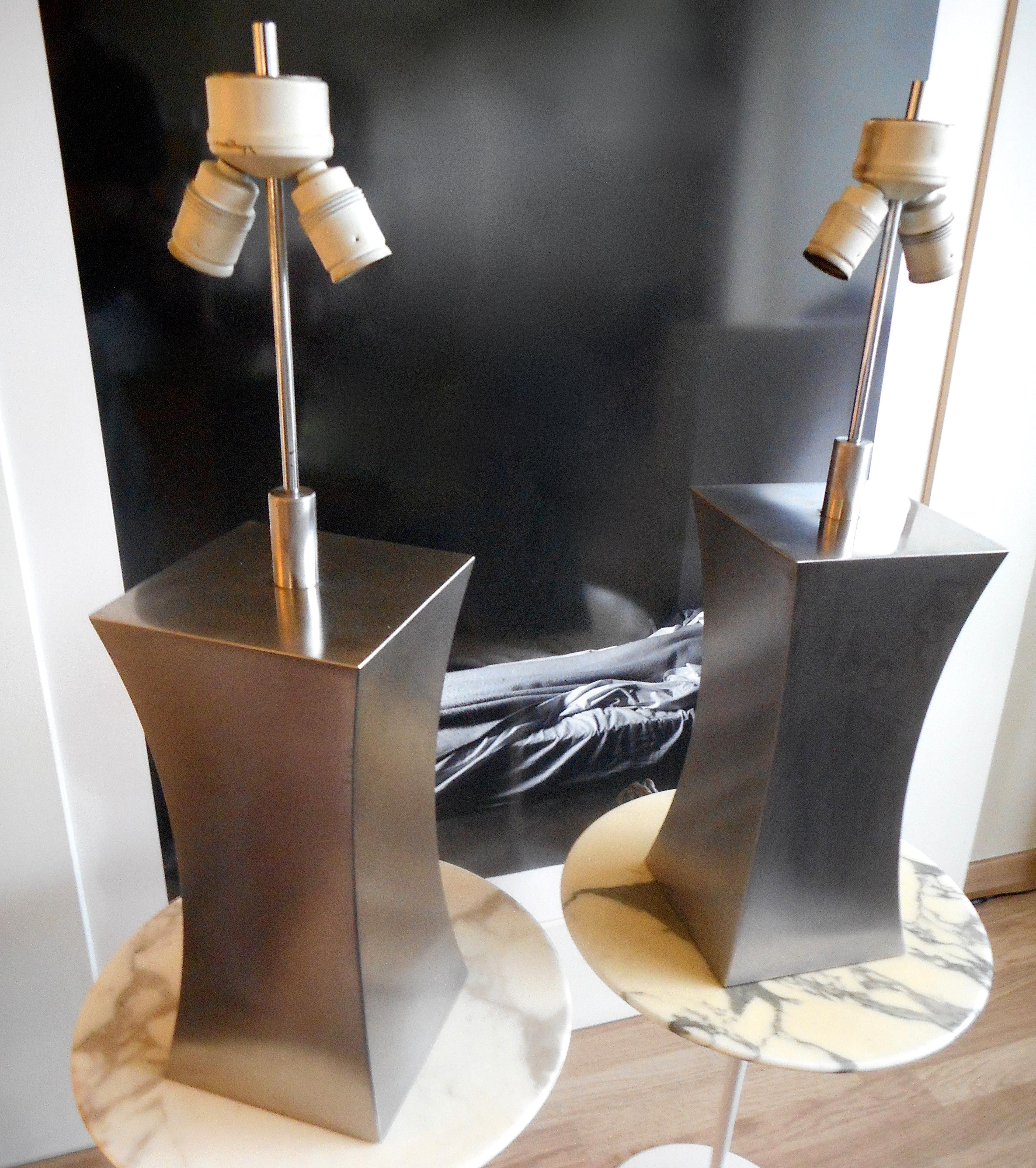Stainless Steel Pair of 1970s Steel Table Lamps by Françoise Sée