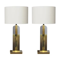 Pair of 1970s Striking Italian Lucite and Brass Table Lamps inc Shades
