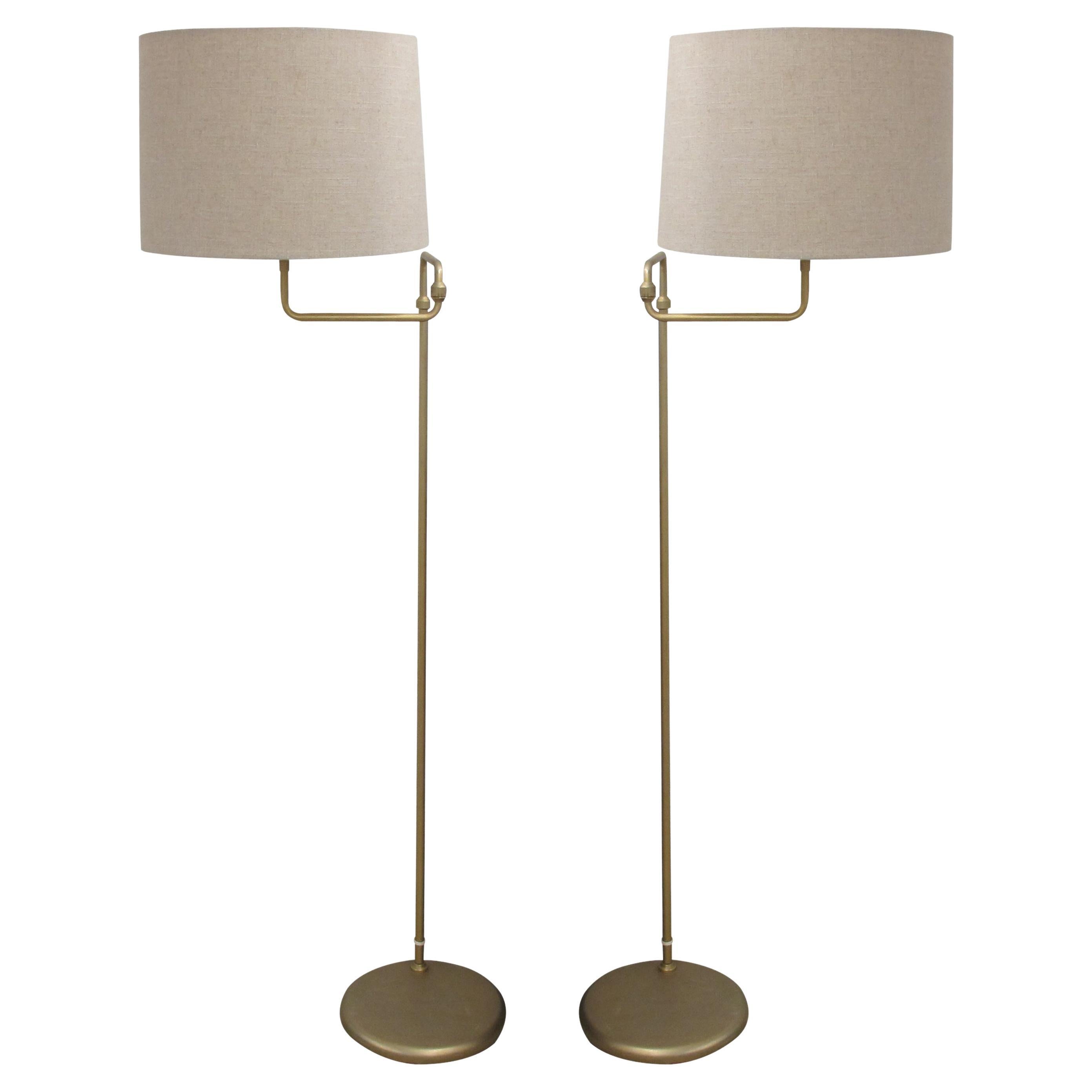 Pair of 1970s Swedish Brass Floor Lamps with Adjustable Swivel Arms