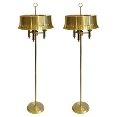 Pair of 1970s Swedish Brass Floor Lamps with Large Hat-Shaped Brass Shades 