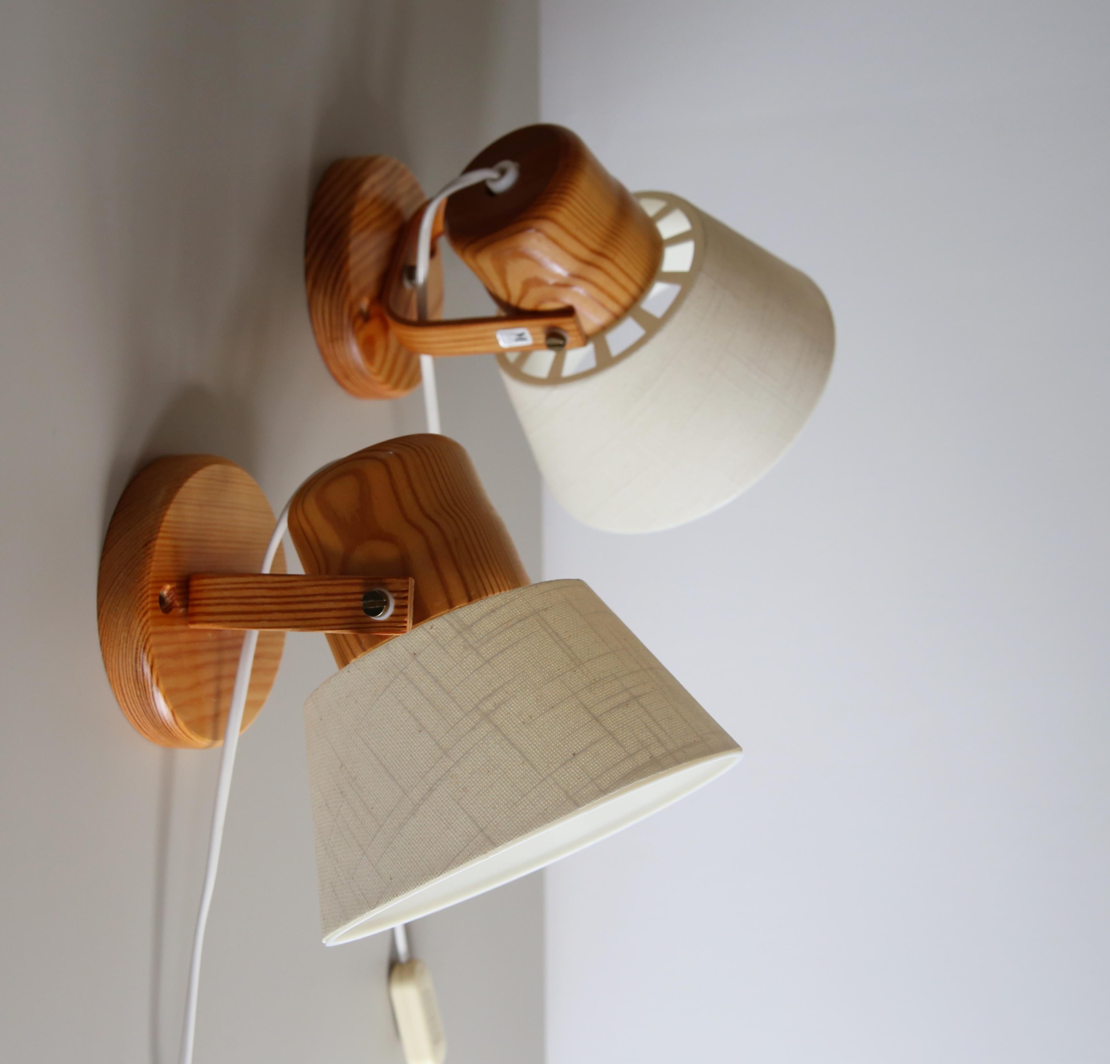 Pair of 1970s Swedish pine wall lamps by Markslojd with cream shades 3