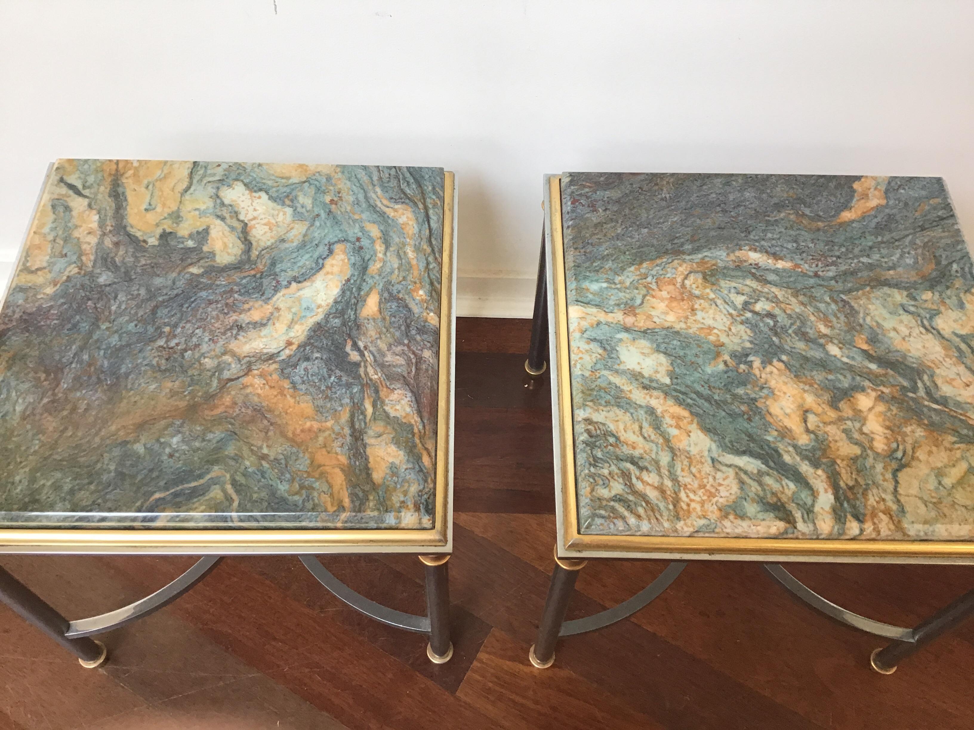 Pair of 1970s Swirled Blue Stone Top Side Tables In Good Condition For Sale In Tarrytown, NY