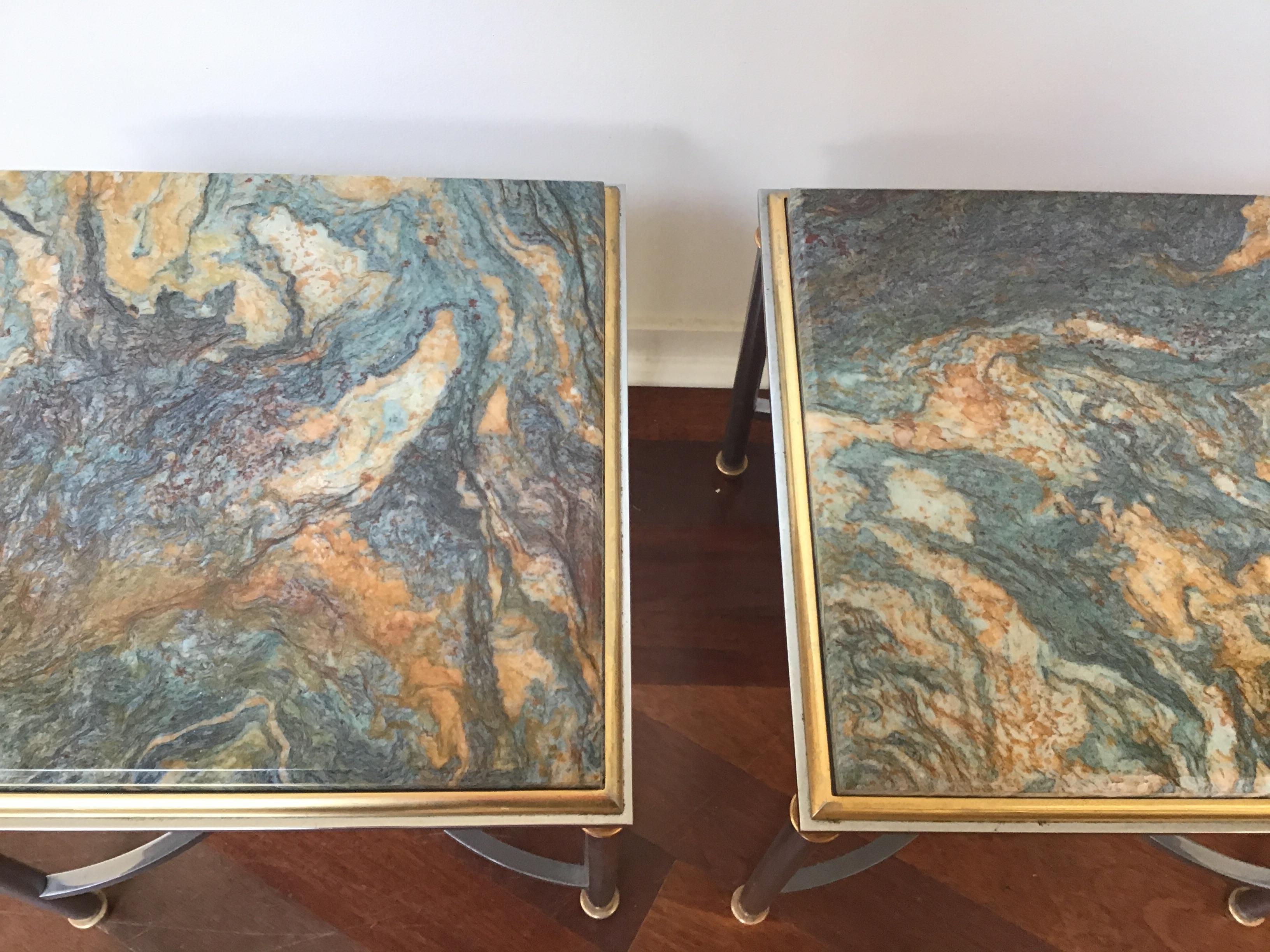 Pair of 1970s Swirled Blue Stone Top Side Tables For Sale 3
