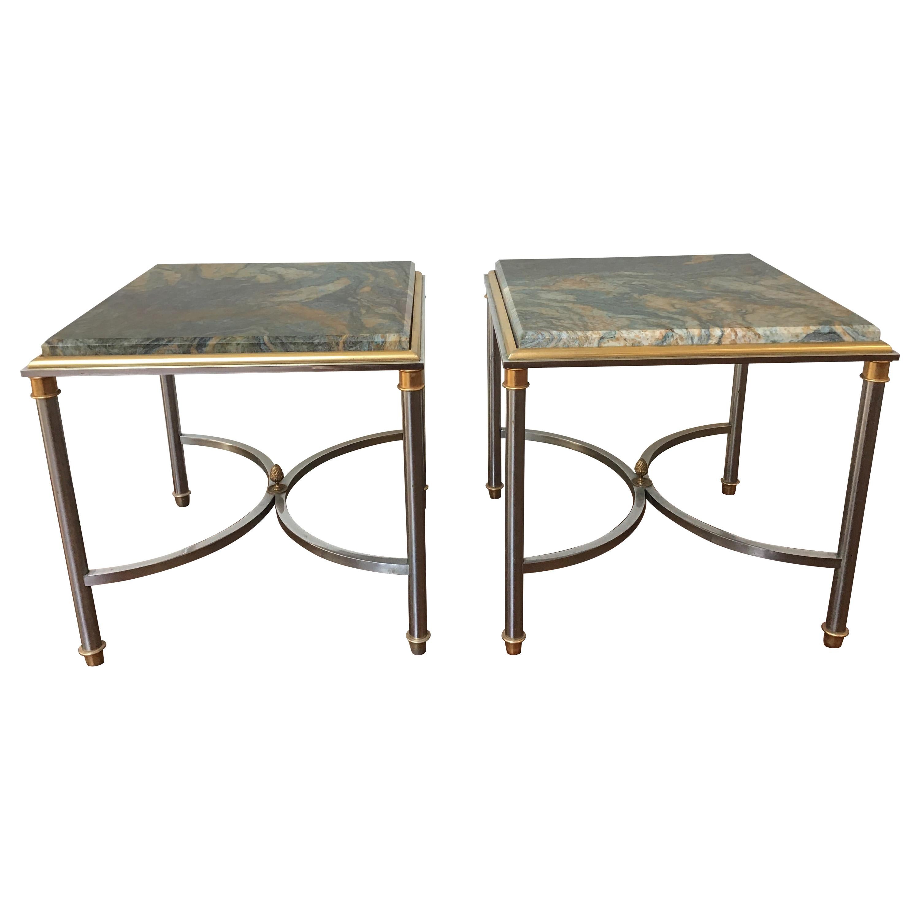 Pair of 1970s Swirled Blue Stone Top Side Tables For Sale
