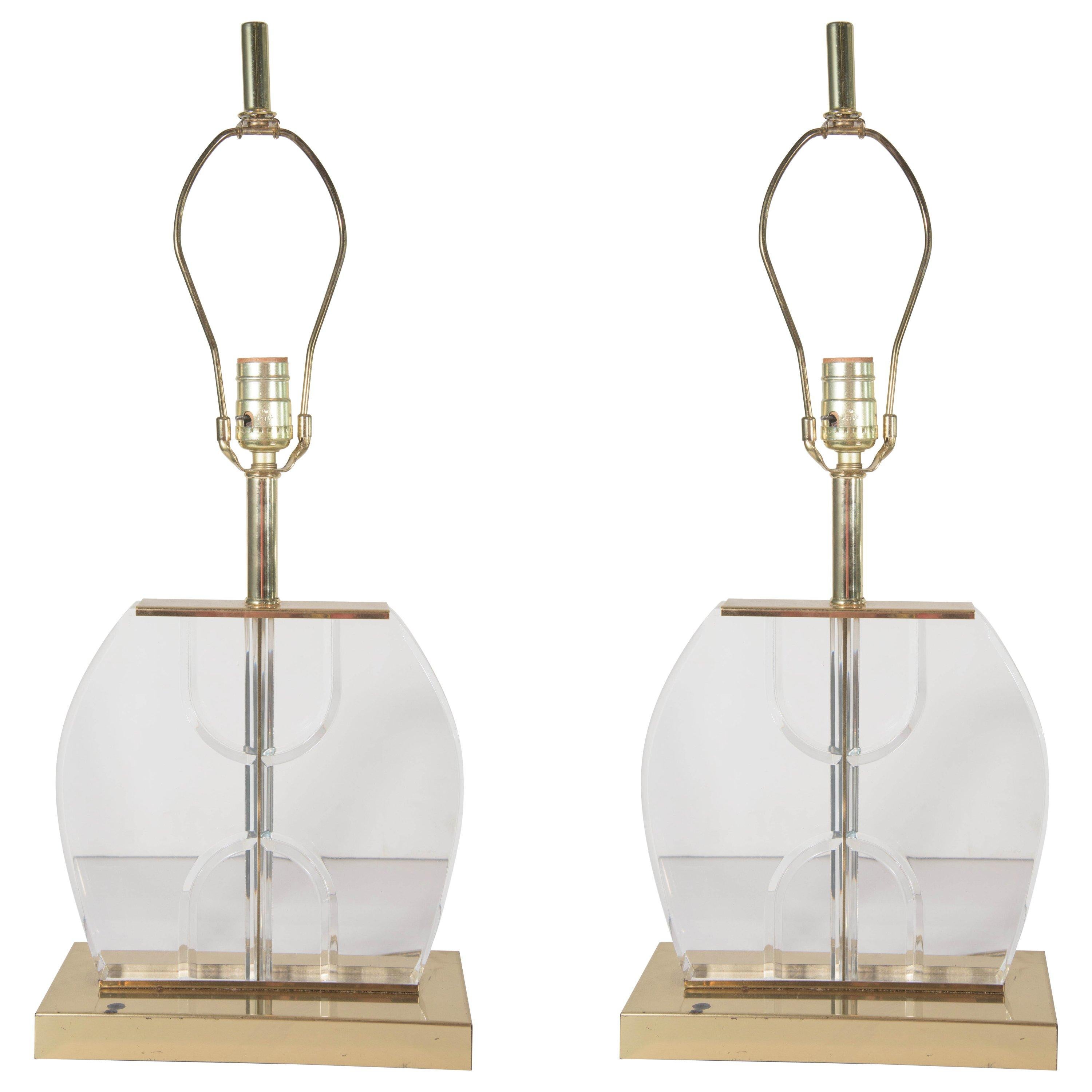 Pair of 1970's Table Lamps in Lucite and Brass