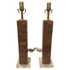 Pair of 1970s Table Lamps with Stacked Marble Cubes on a Lucite Base