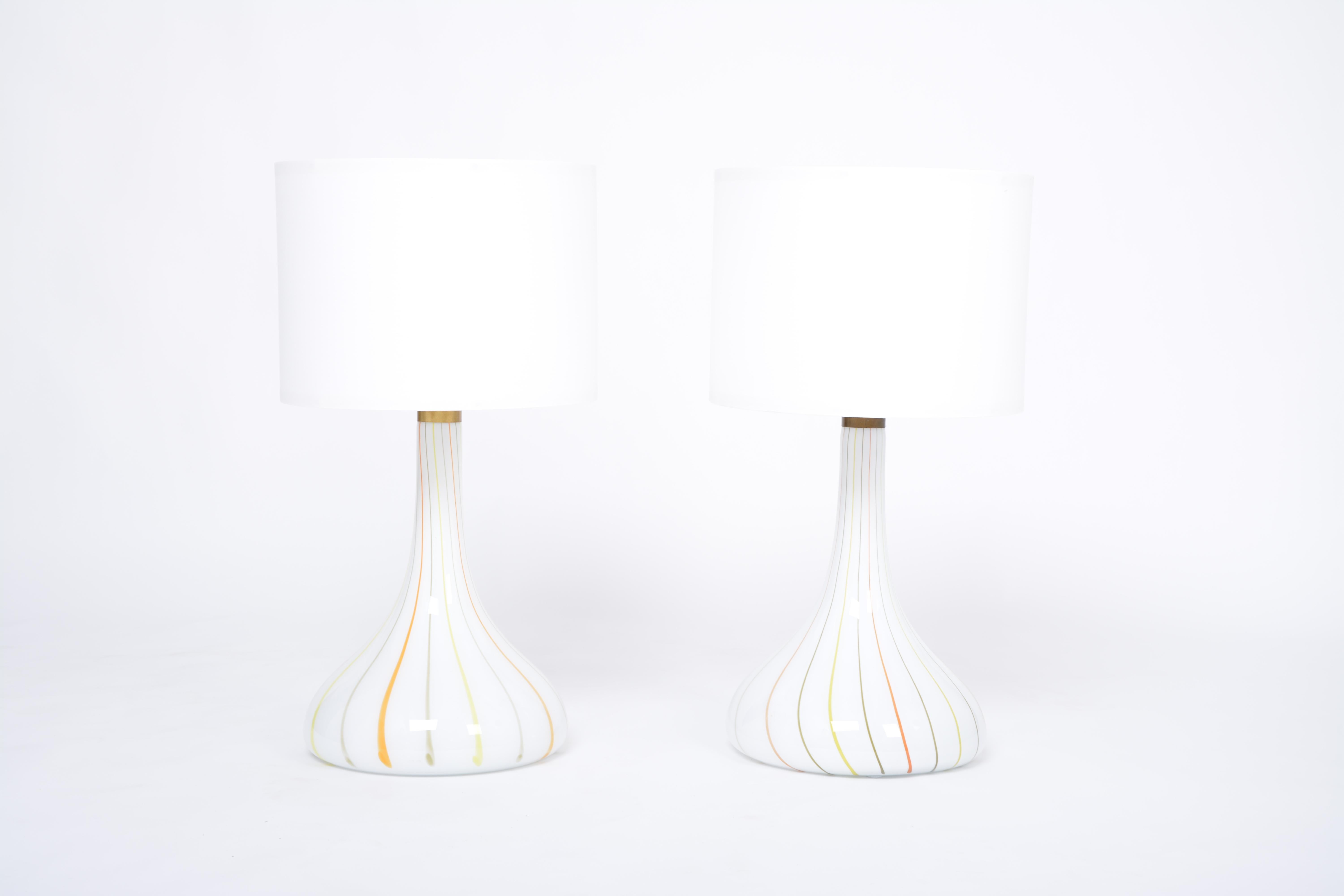Pair of 1970s tall white glass table lamps model 