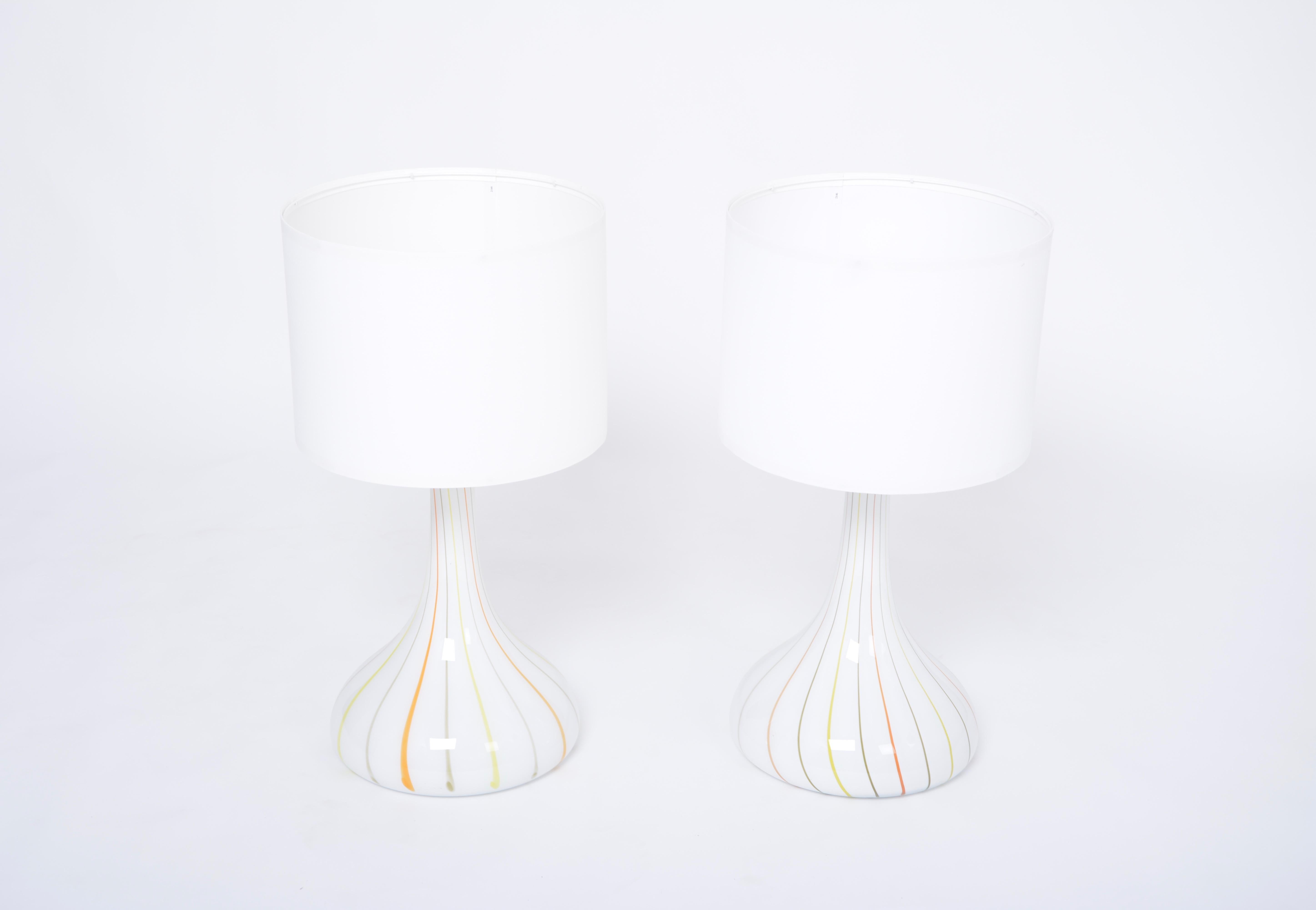 Mid-Century Modern Pair of 1970s Tall White Glass Table Lamps Model 