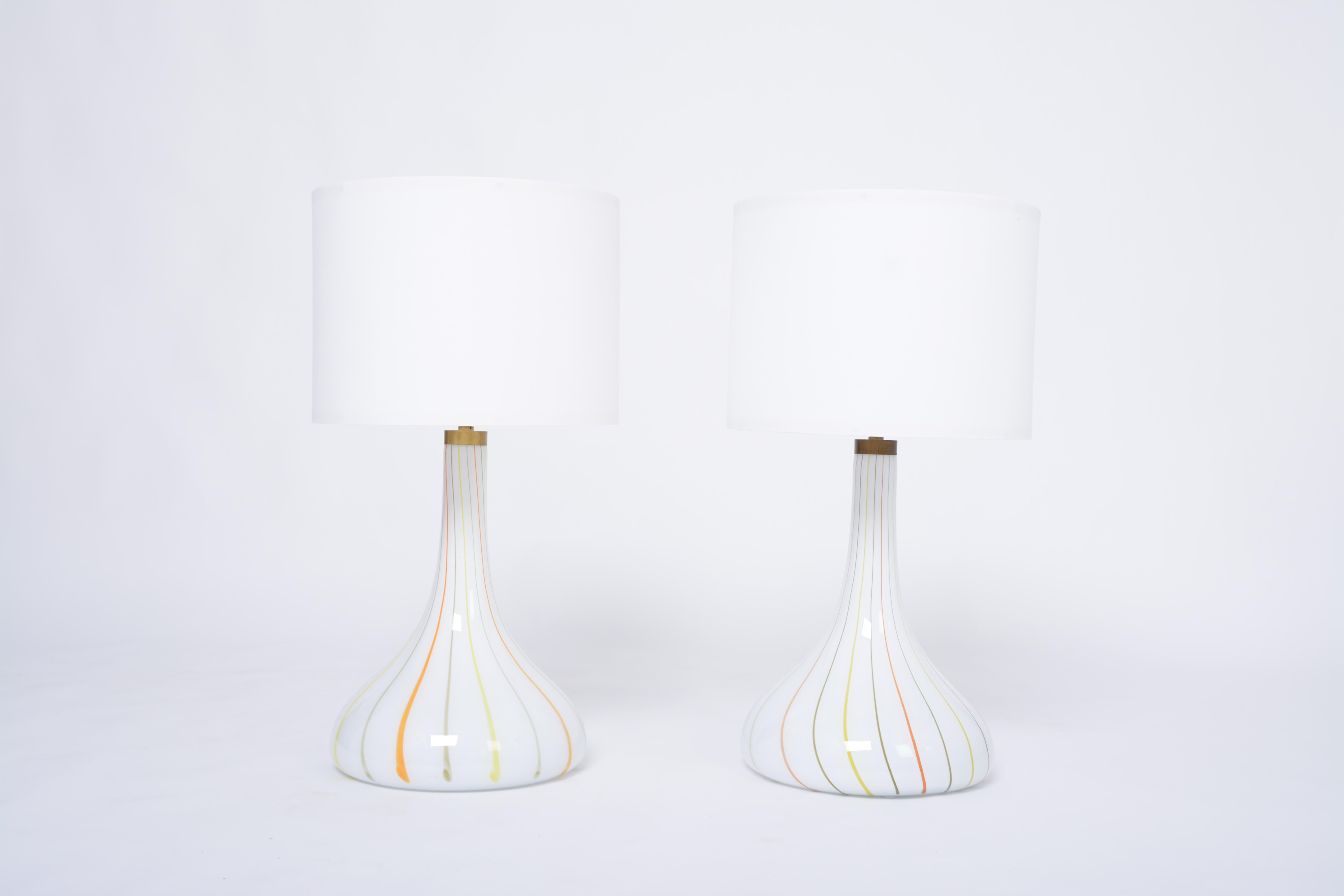 Pair of 1970s Tall White Glass Table Lamps Model 