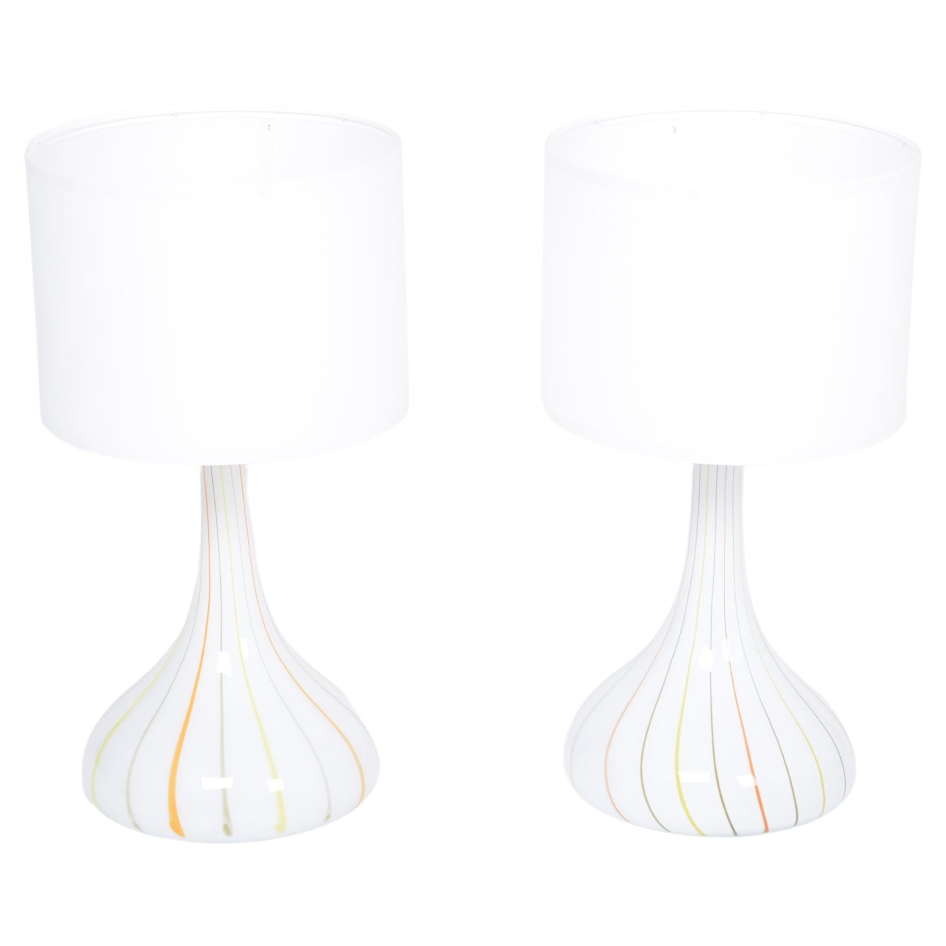 Pair of 1970s Tall White Glass Table Lamps Model "Candy" by Holmegaard