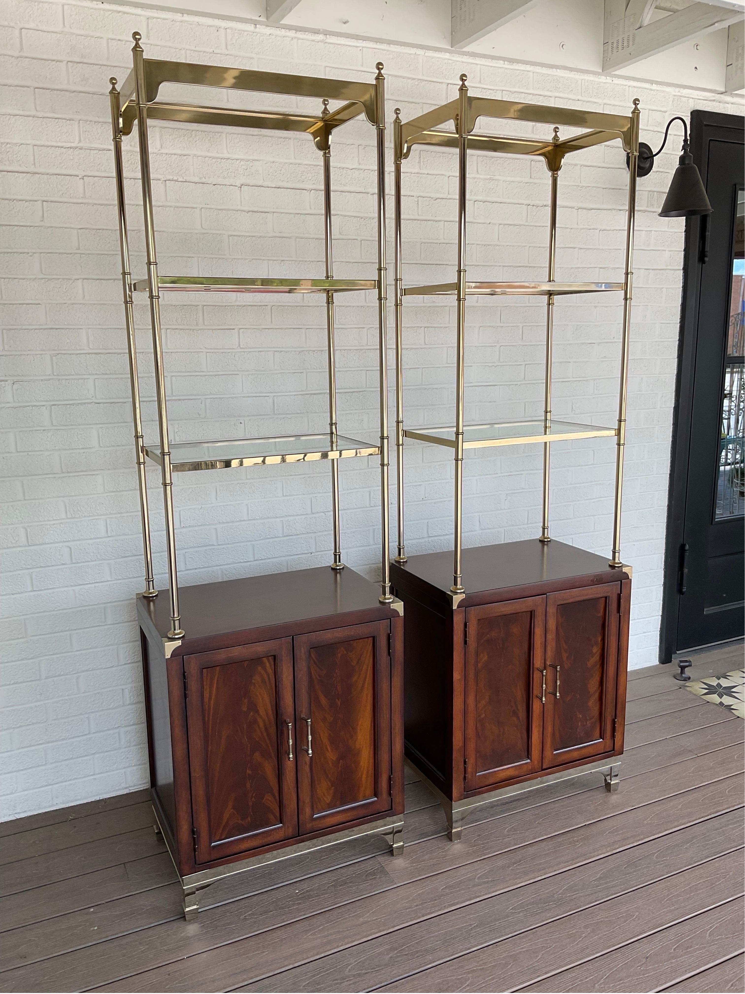Mid-Century Modern Pair of 1970’s Thomasville Brass and Mahogany Etegeres For Sale