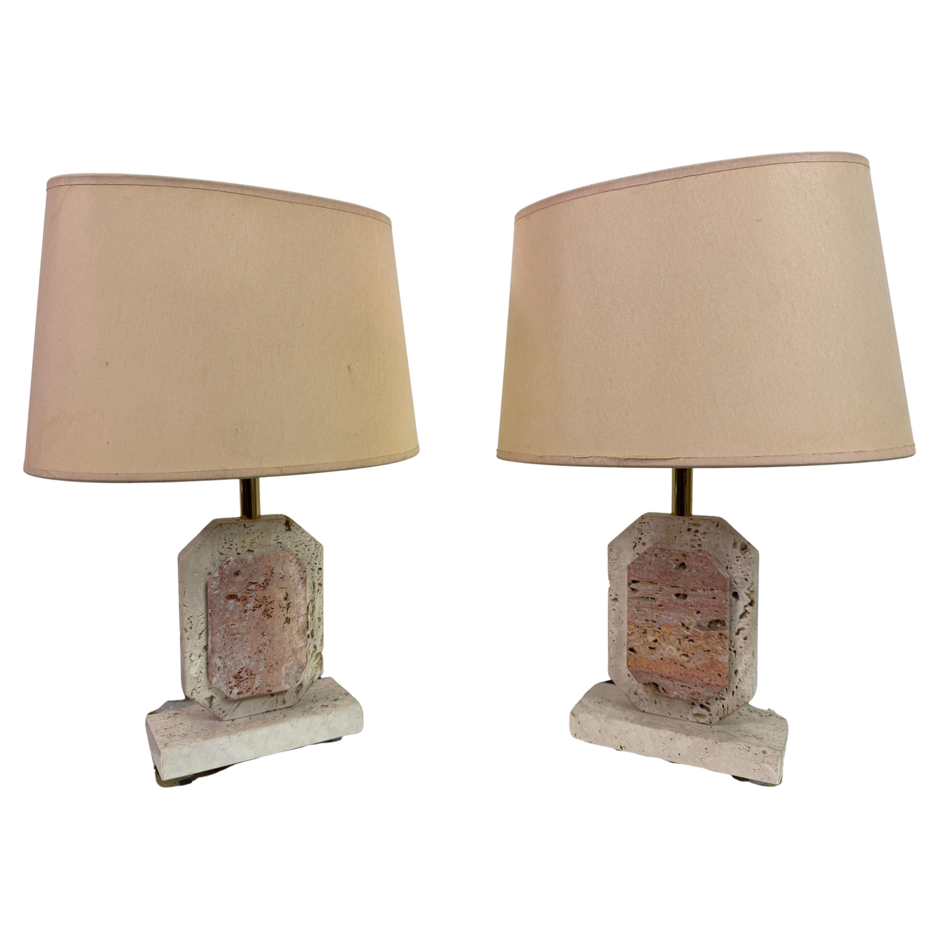 Pair of 1970s Travertine Table Lamps For Sale