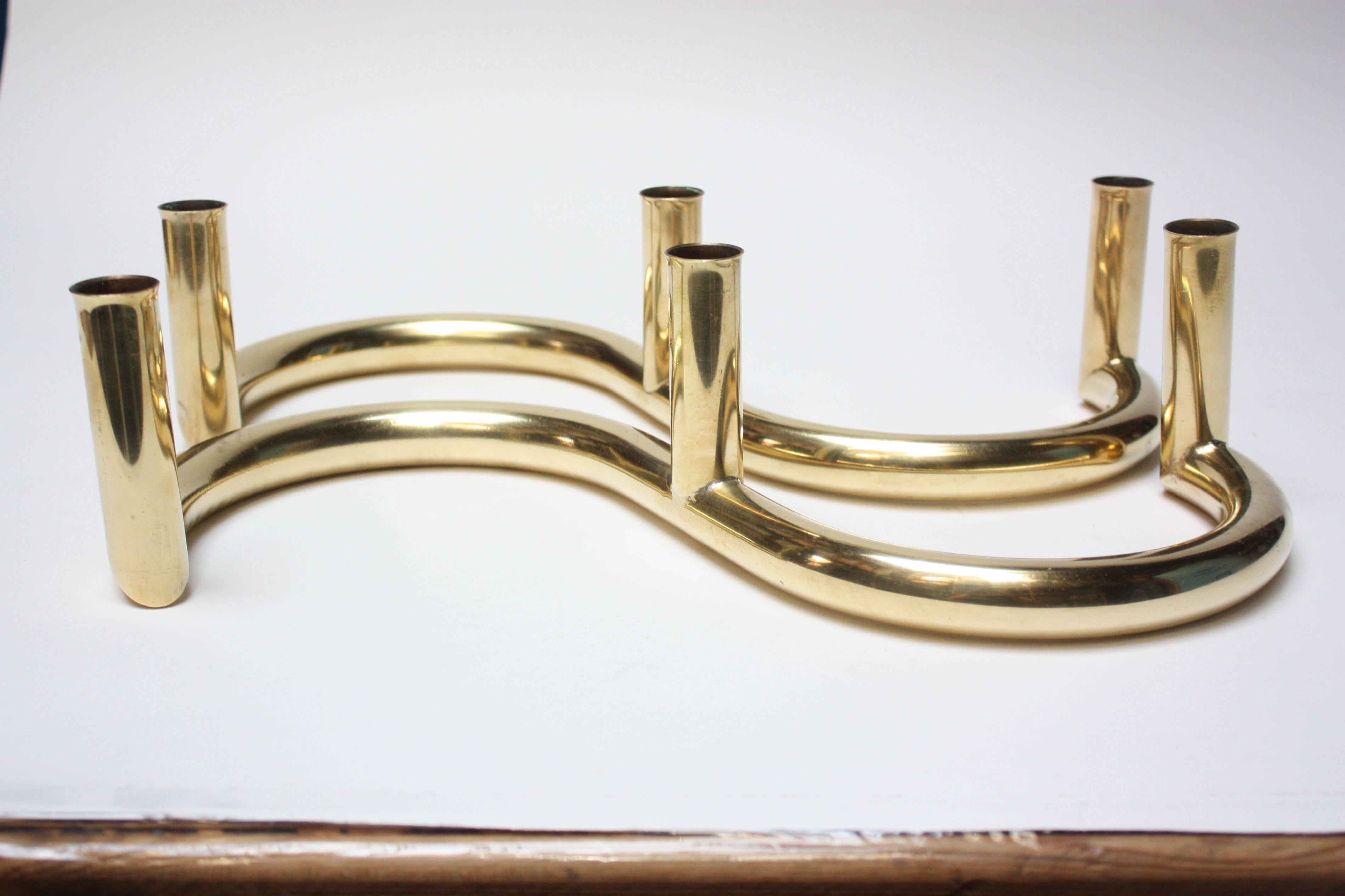 American Pair of 1970s Tubular Brass Candleholders For Sale