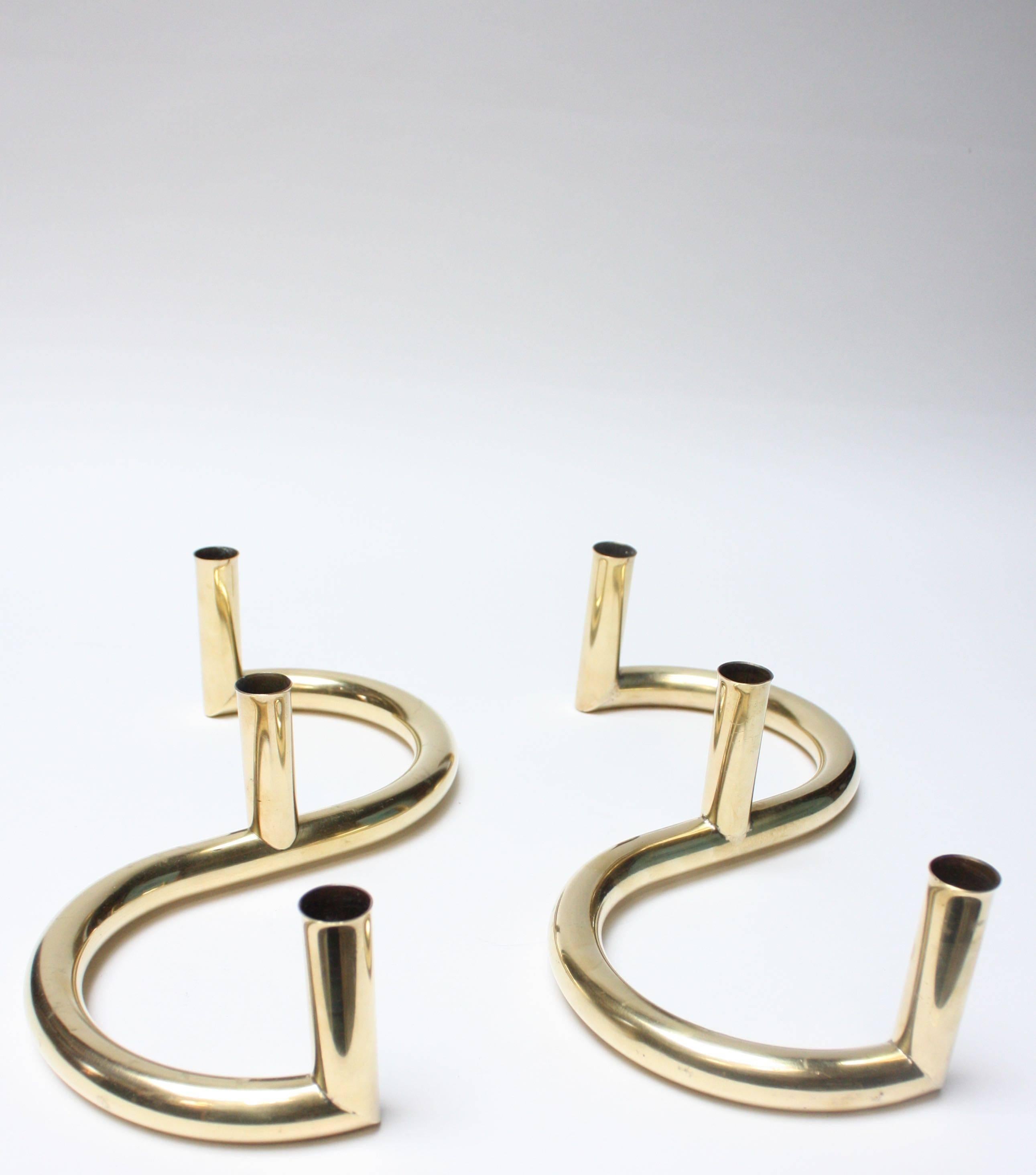 Polished Pair of 1970s Tubular Brass Candleholders For Sale