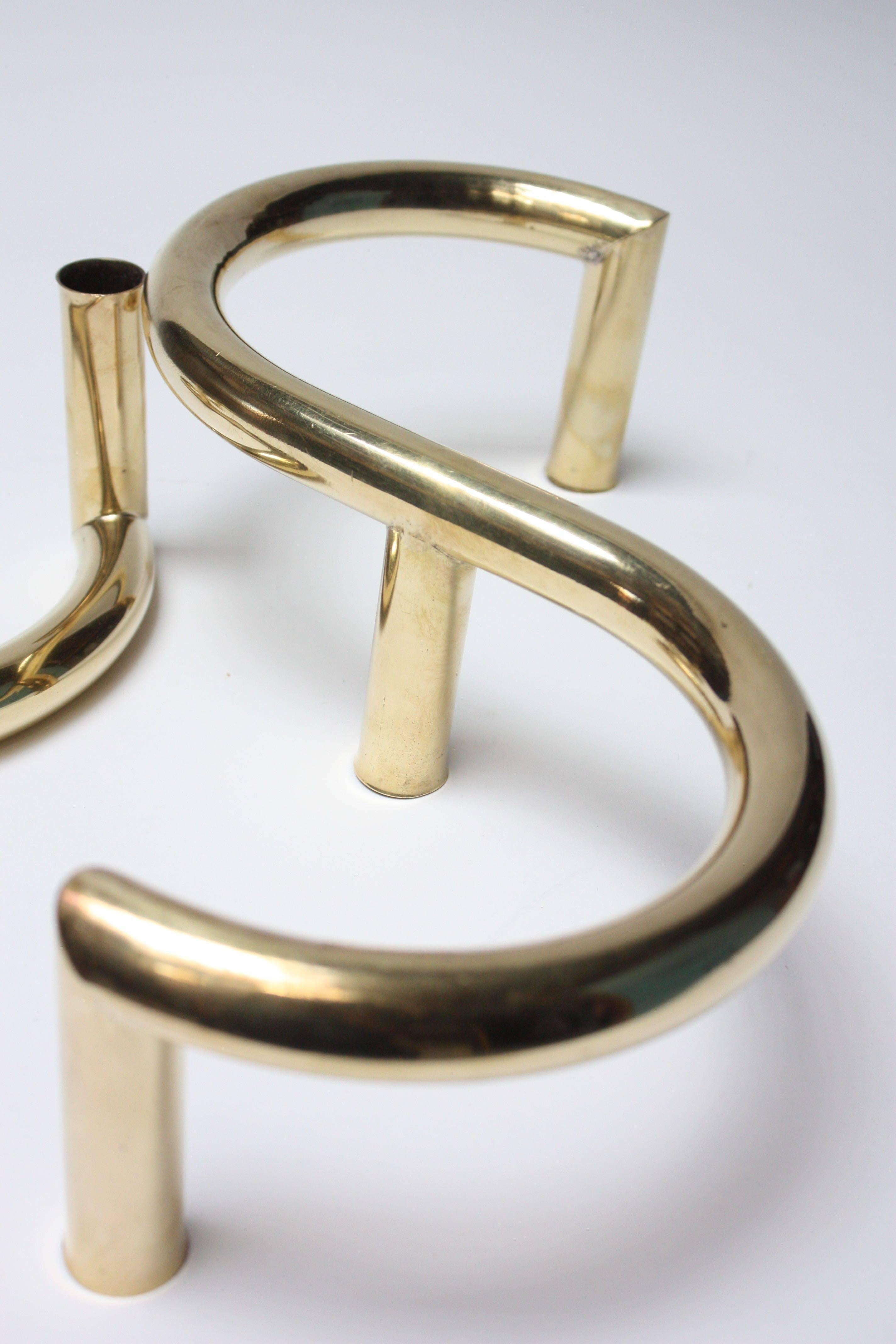 Pair of 1970s Tubular Brass Candleholders In Excellent Condition For Sale In Brooklyn, NY