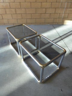 Pair of 1970s Tubular Chrome and Brass Side Tables