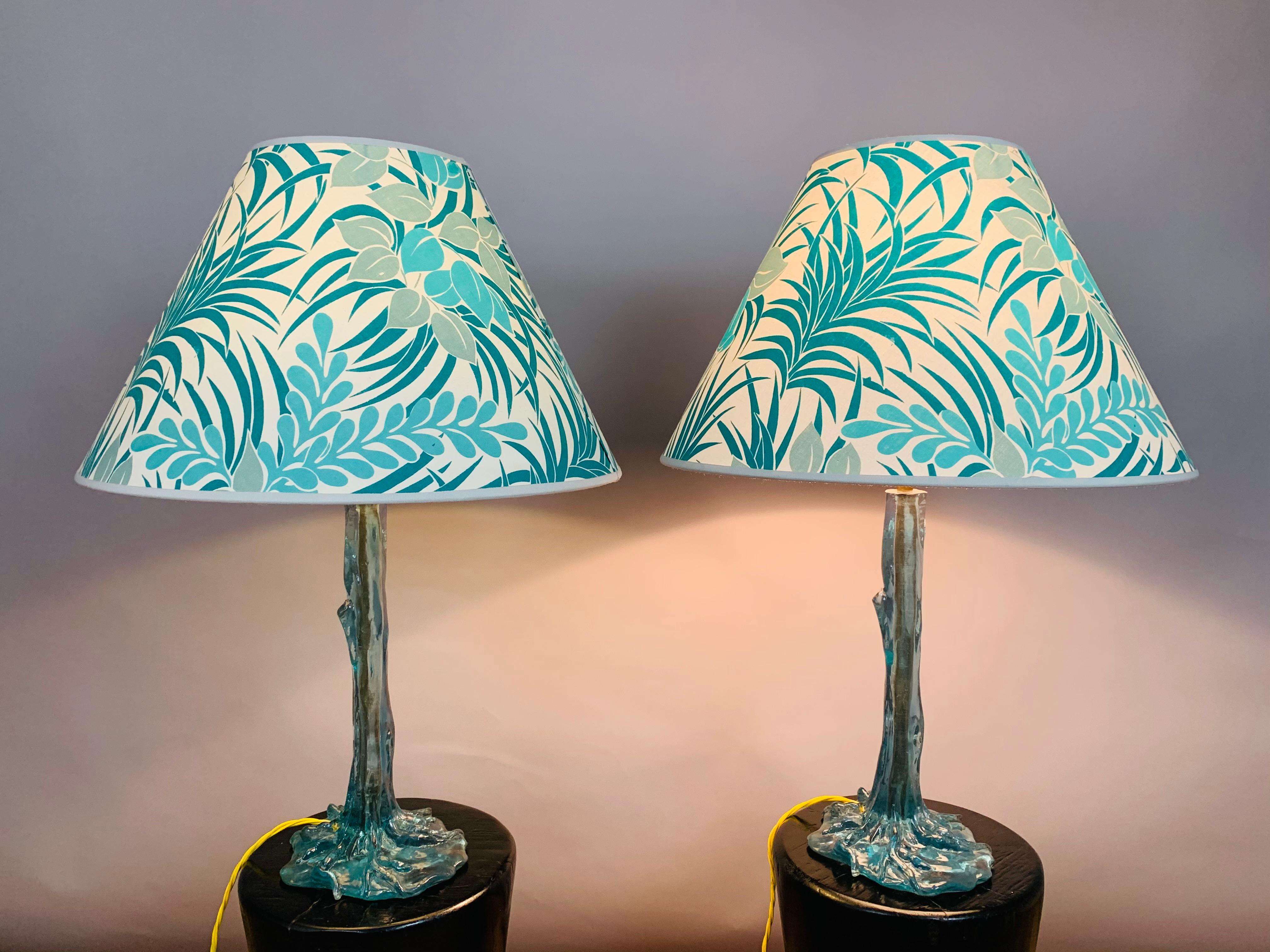 Metal Pair of 1970s Turquoise Resin Tree & Roots Table Lamps Inc Original Shades