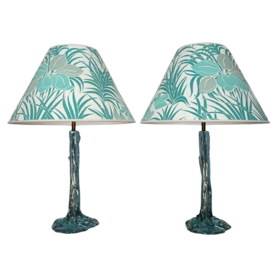 Pair of 1970s Turquoise Resin Tree & Roots Table Lamps Inc Original Shades
