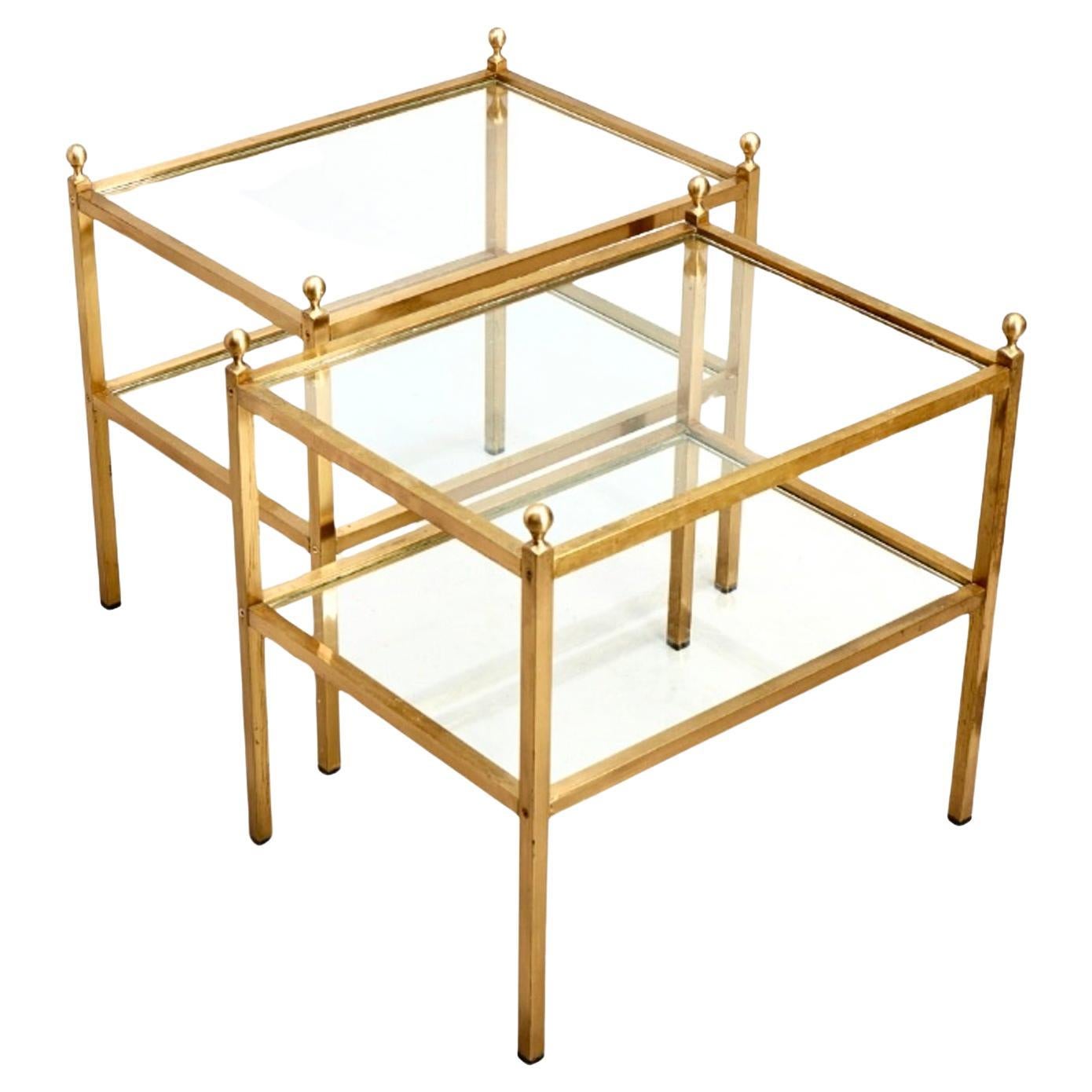 Pair of 1970s Two Tier Brass an Glass Side Tables For Sale