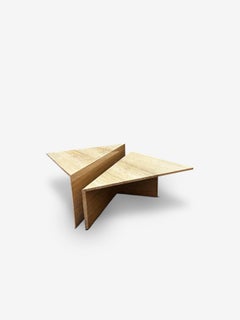 Pair of 1970's Up & Up Triangle Tables in Travertine