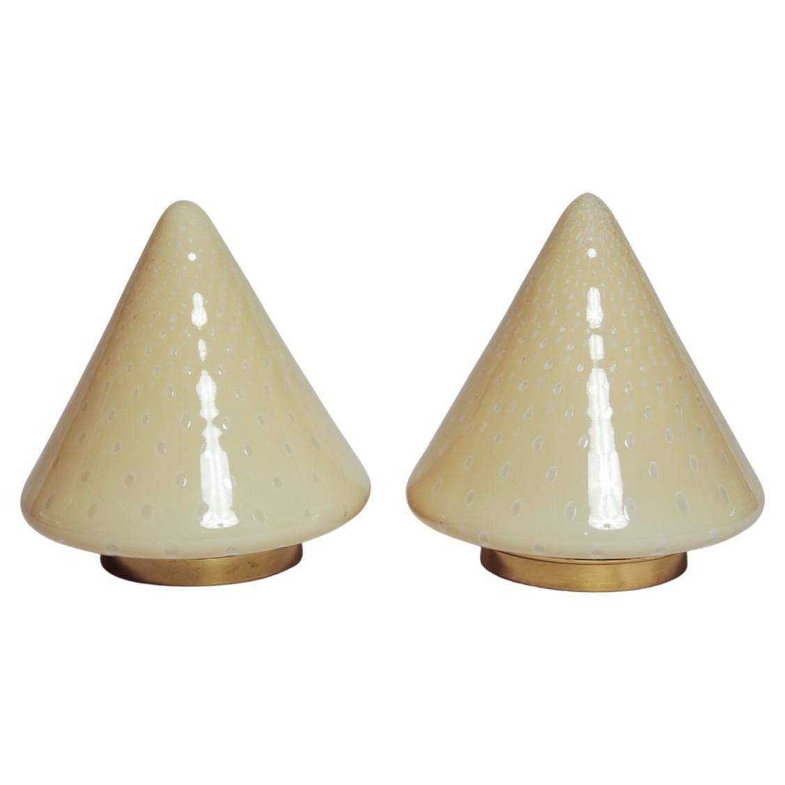Pair of 1970's Vetri Murano Cone Shaped Table Lamps For Sale