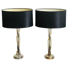 Pair of 1970s Vintage Acrylic & Chrome Twisted Column Table Lamps inc Shades