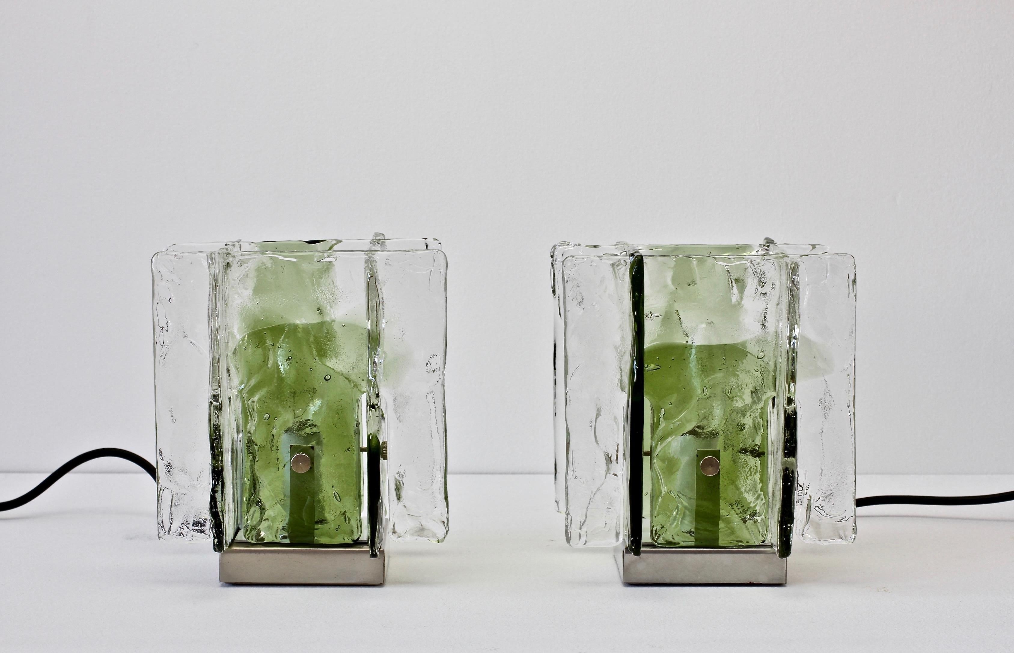 Steel Pair of 1970s Vintage Carlo Nason for Mazzega Green and Clear Glass Table Lamps