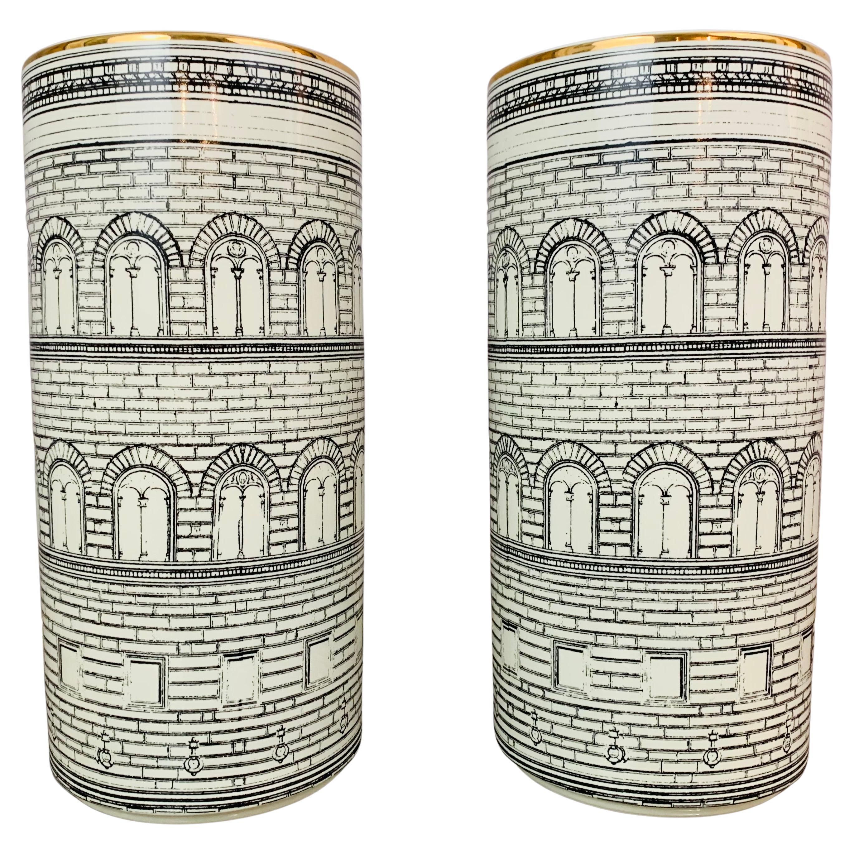 Pair of 1970s Vintage Fornasetti "Architettura" Cylindrical Vase in the Style of