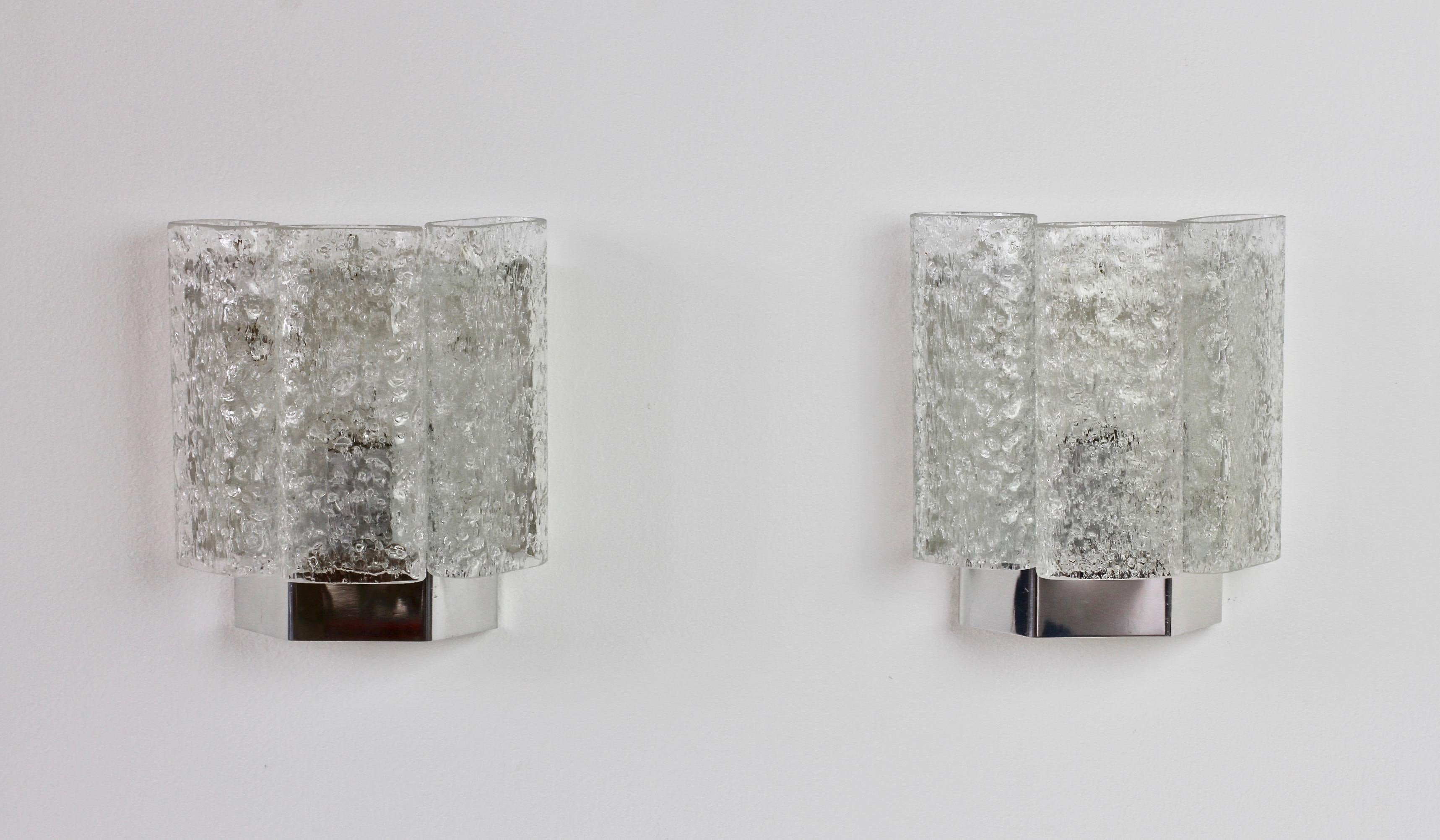 German Pair of 1970s Vintage Frit Glass Wall Lights or Vanity Sconces by Doria Leuchten