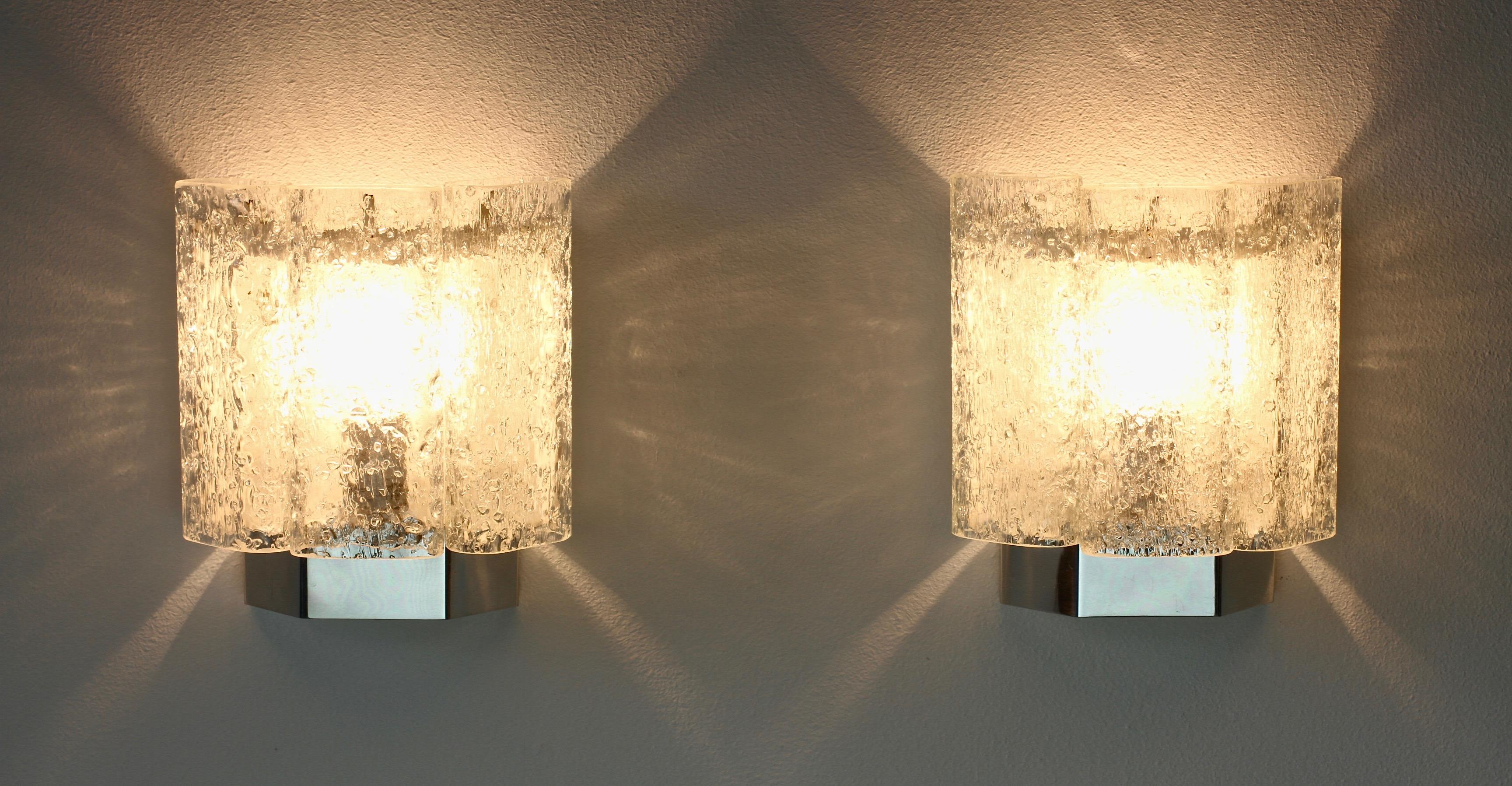 Molded Pair of 1970s Vintage Frit Glass Wall Lights or Vanity Sconces by Doria Leuchten