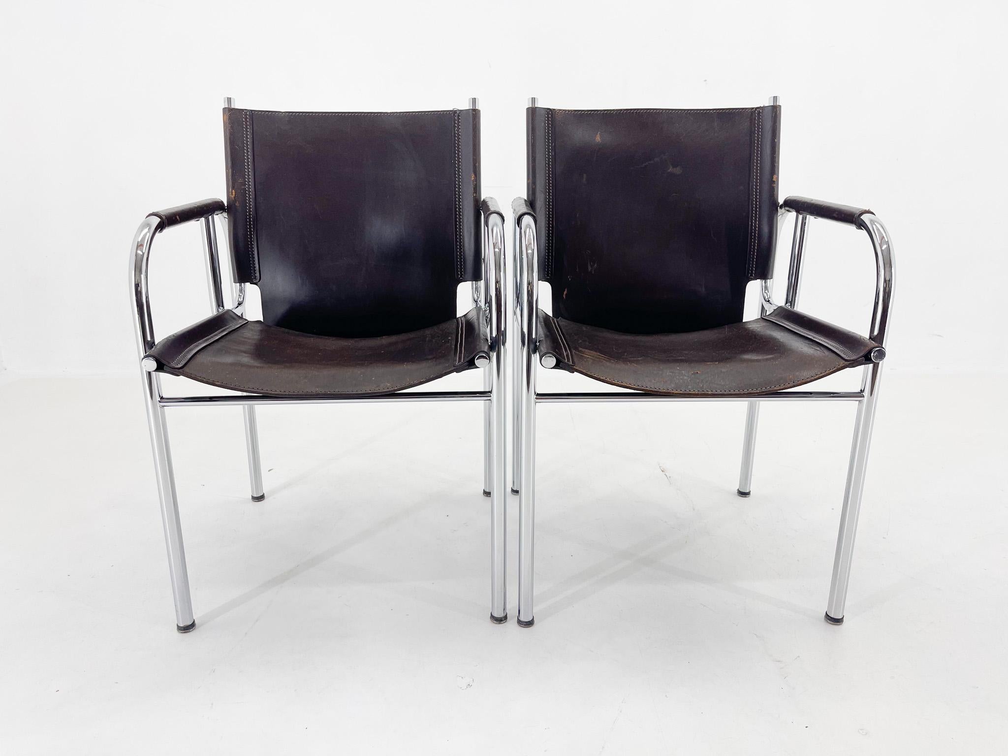 Pair of 1970s Vintage Hans Eichenberger Leather & Chrome Lounge Chairs, Labeled For Sale 10