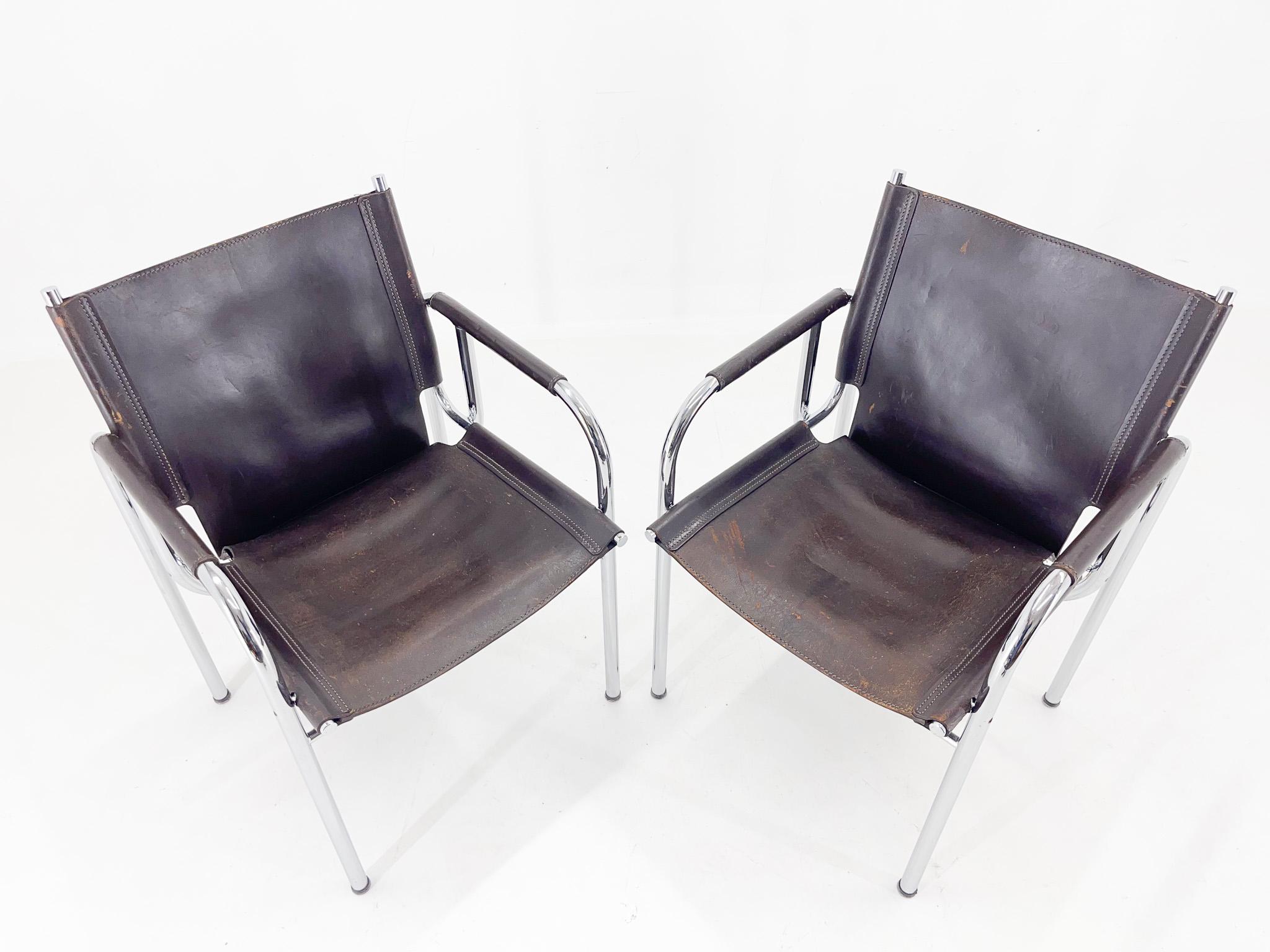 Pair of 1970s Vintage Hans Eichenberger Leather & Chrome Lounge Chairs, Labeled For Sale 11