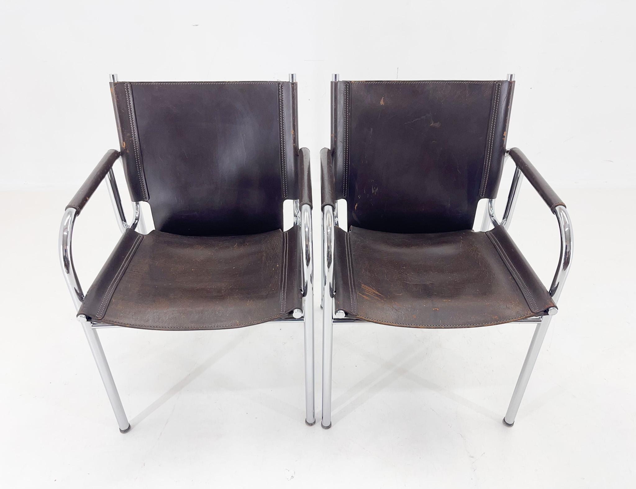 Swiss Pair of 1970s Vintage Hans Eichenberger Leather & Chrome Lounge Chairs, Labeled For Sale