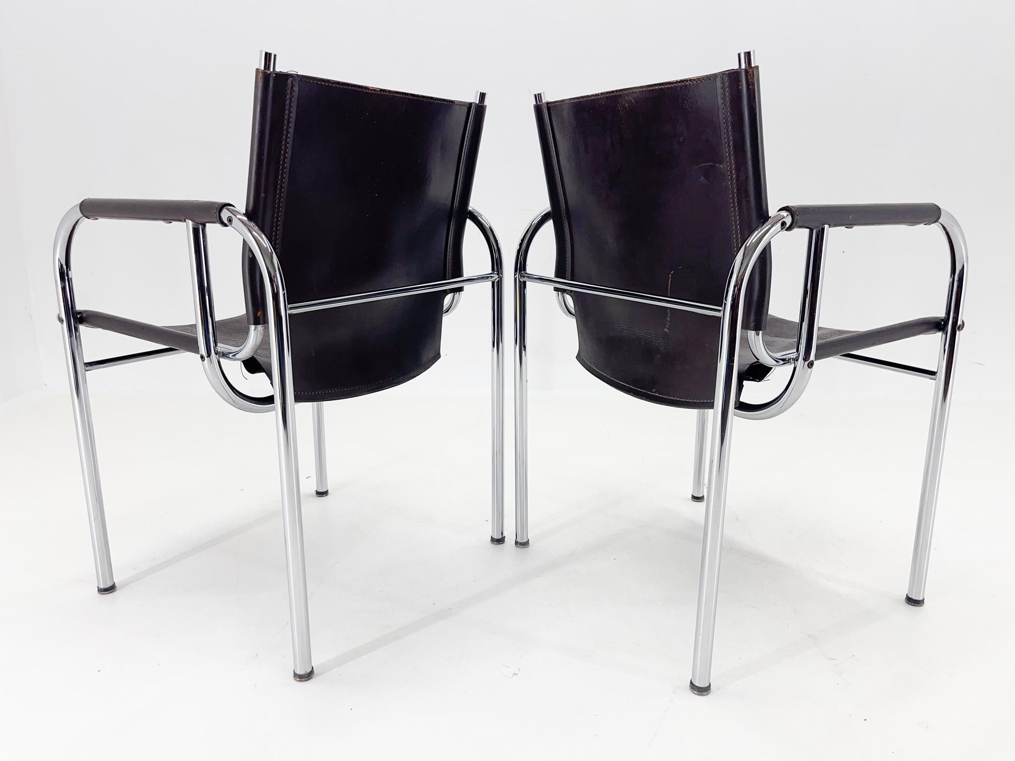 Pair of 1970s Vintage Hans Eichenberger Leather & Chrome Lounge Chairs, Labeled In Good Condition For Sale In Praha, CZ