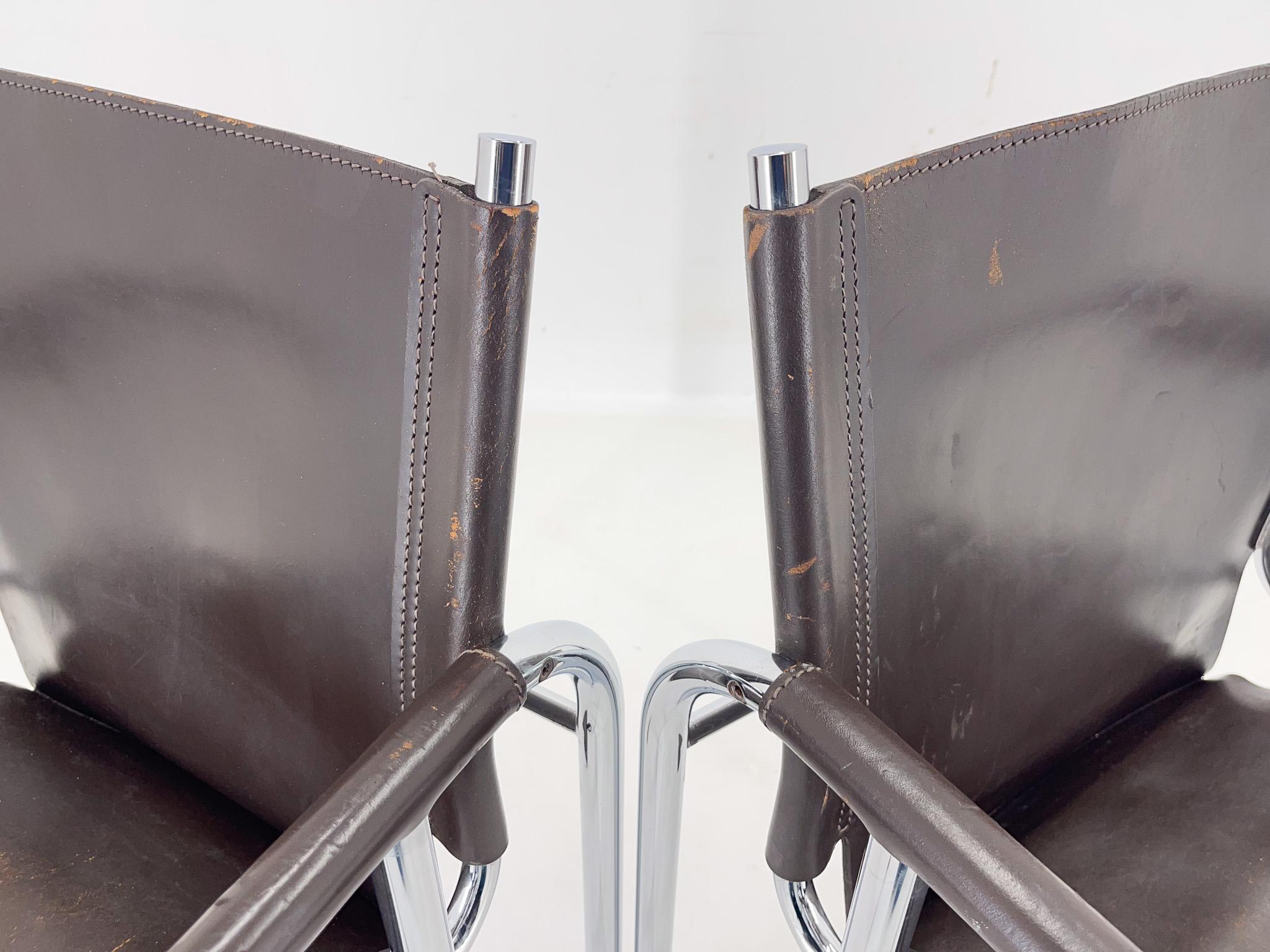 Pair of 1970s Vintage Hans Eichenberger Leather & Chrome Lounge Chairs, Labeled For Sale 1