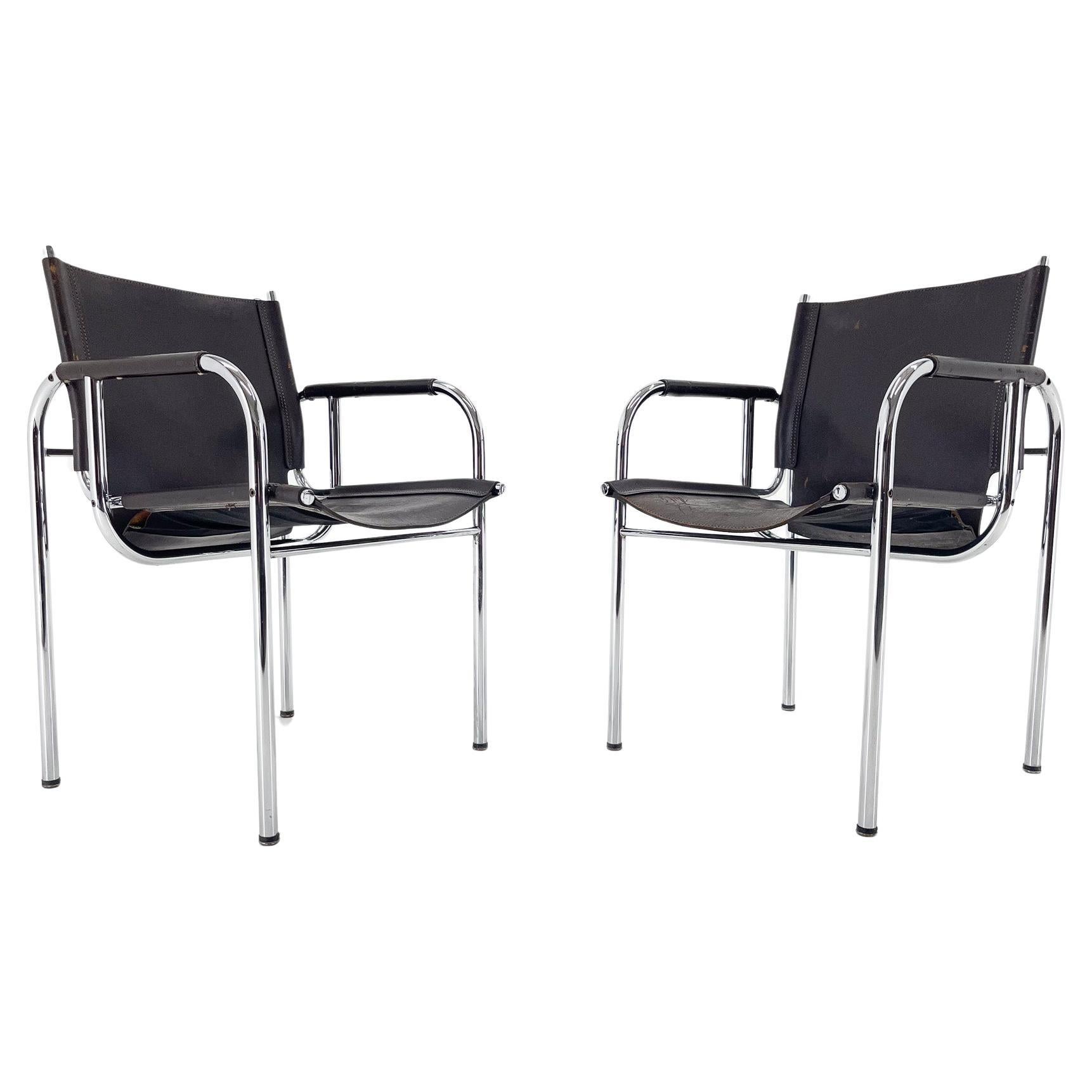Pair of 1970s Vintage Hans Eichenberger Leather & Chrome Lounge Chairs, Labeled For Sale