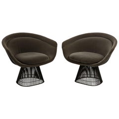Pair of 1970s Warren Platner for Knoll Bronze Lounge Chairs, Grey Velvet