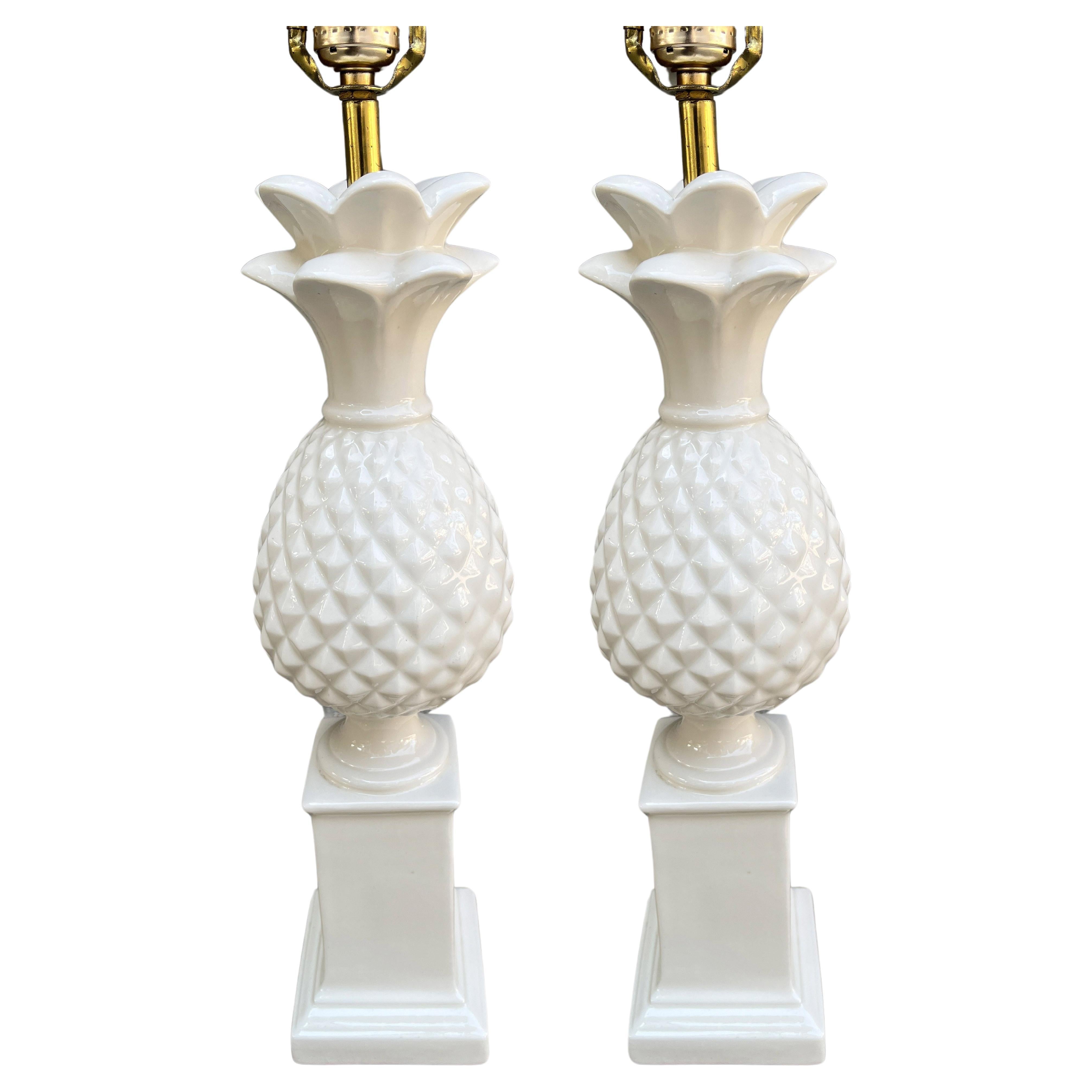 Pair of 1970's White Ceramic Pineapple Lamps For Sale