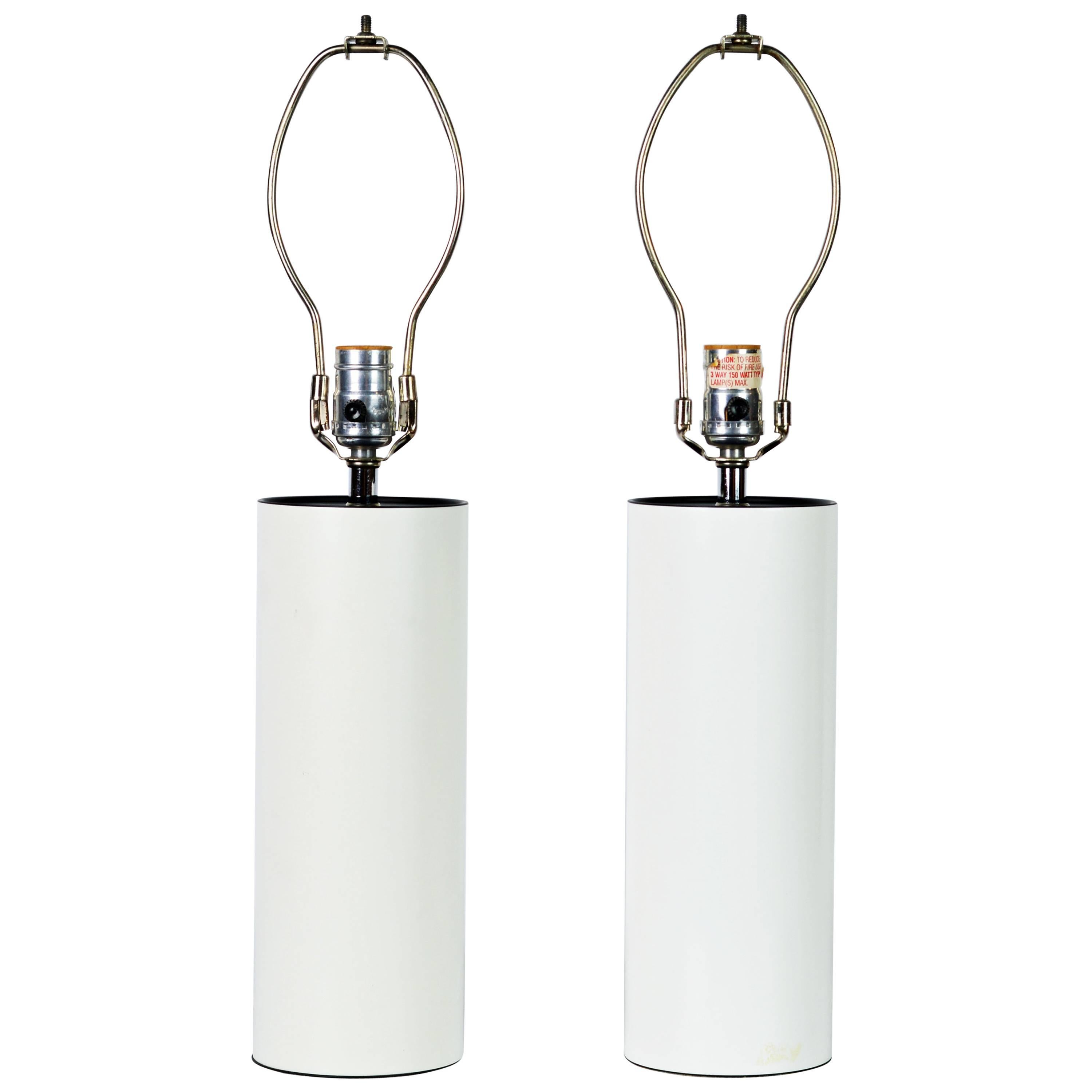 Pair of 1970s White Enameled Cylinder Lamps by Robert Sonneman for Kovacs