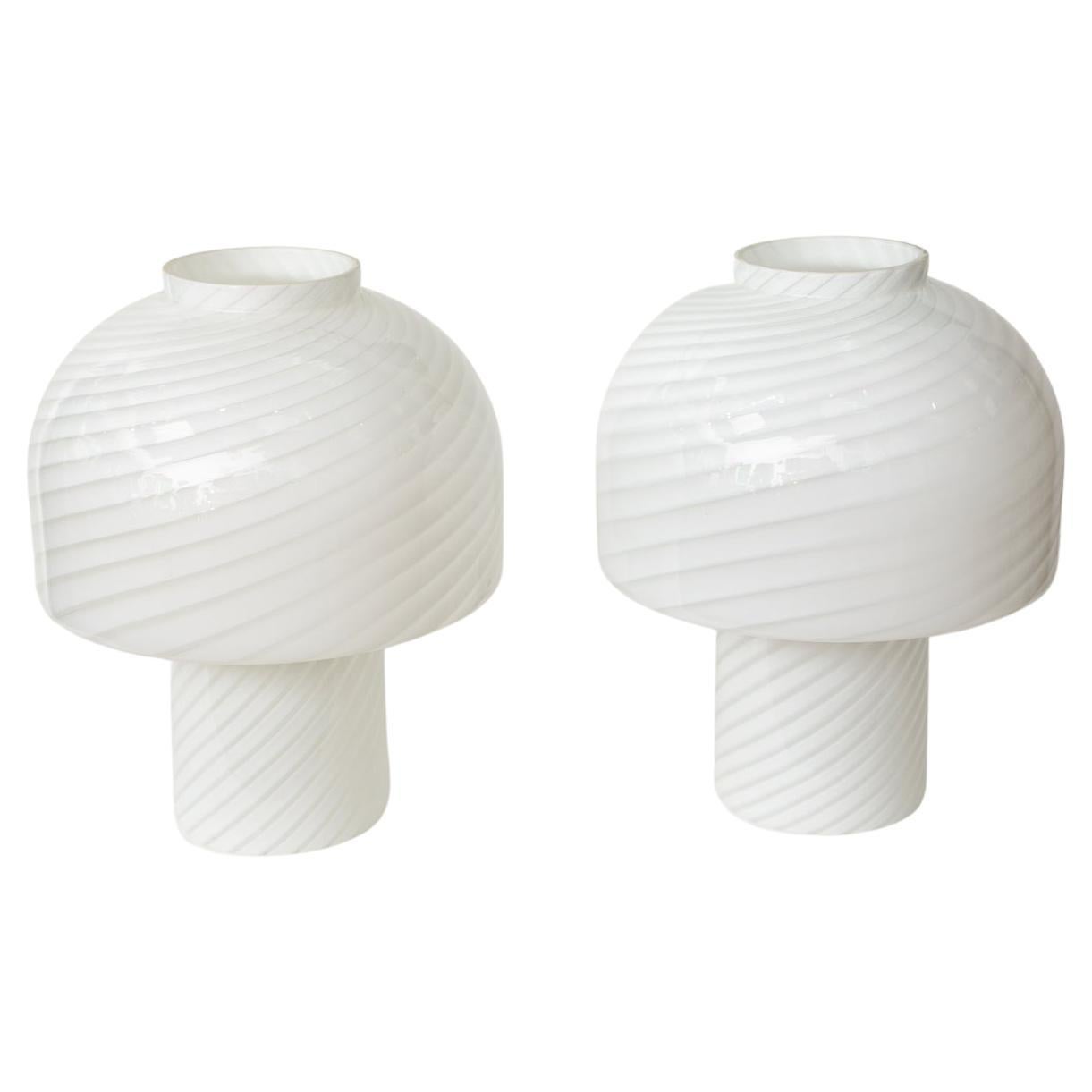 Pair of 1970's White Swirl Vetri Murano Mushroom Lamps