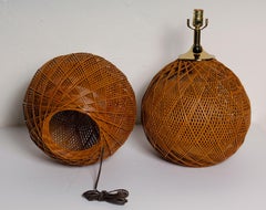 Pair of 1970s Wicker and Brass Table Lamps