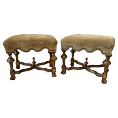 Pair Of 1970s  William And Mary  Style Ottomans With Suede Seats